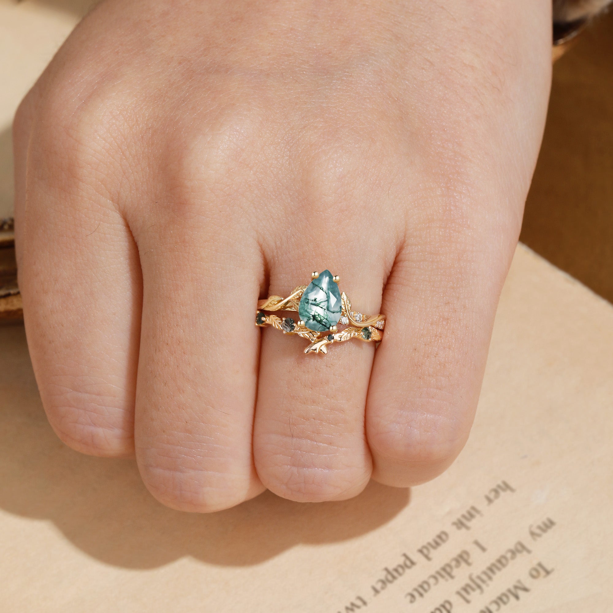 Leafy Inspired Pear Cut Green Moss Agate Ring Bridal Set 2pcs - Belinda