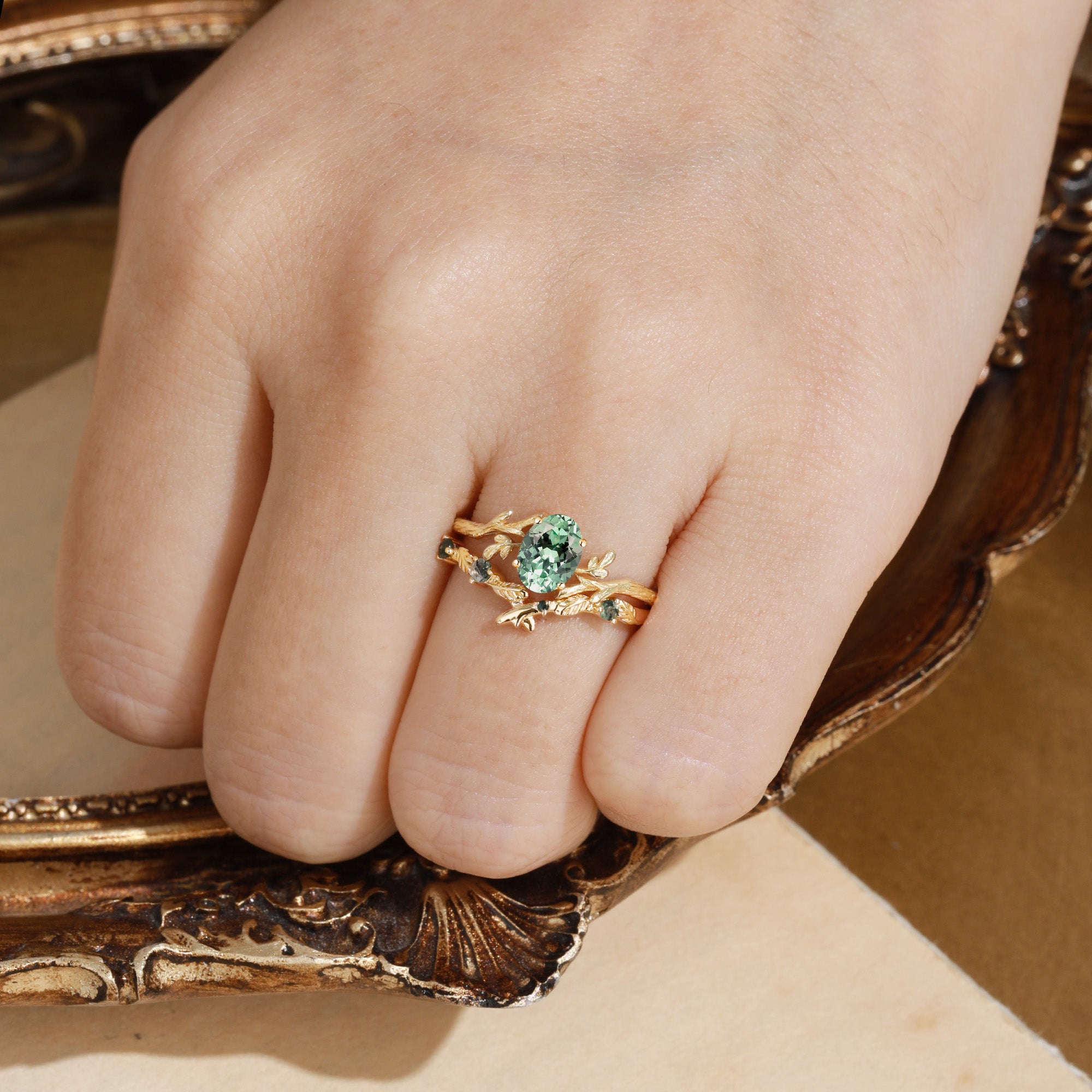 Leafy Inspired Oval Cut  Lab Green Sapphire Engagement Ring Set 2pcs - Zoe