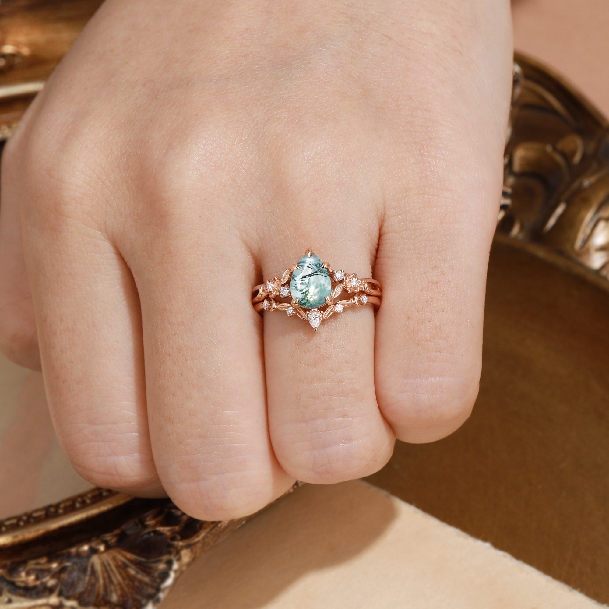 Forest Fairy Pear Cut Moss Agate Leafy Twist Bridal Set 2pcs - Sylvie