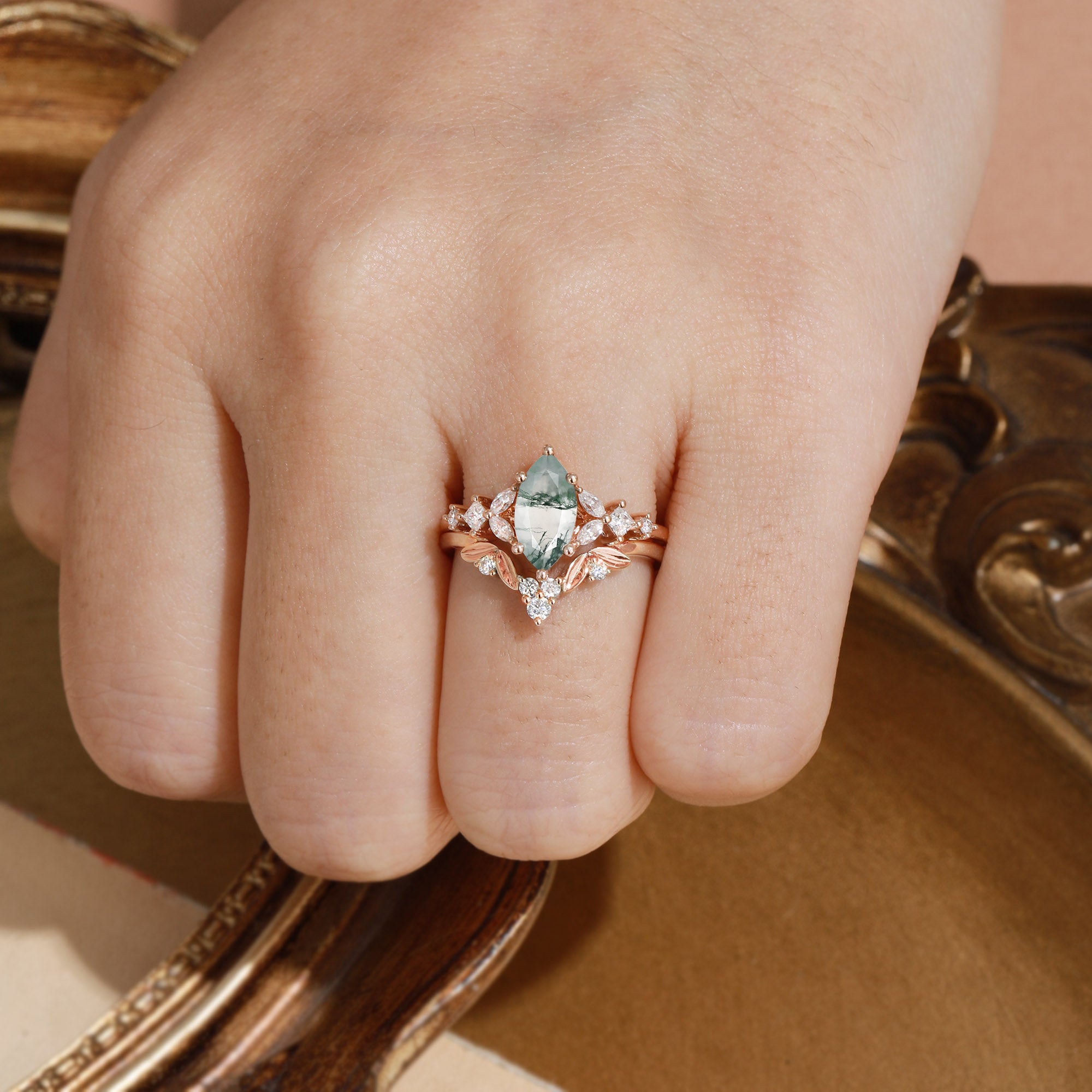 Forest Fairy Marquise Cut Moss Agate Cluster Bridal Set 2pcs - Neoma