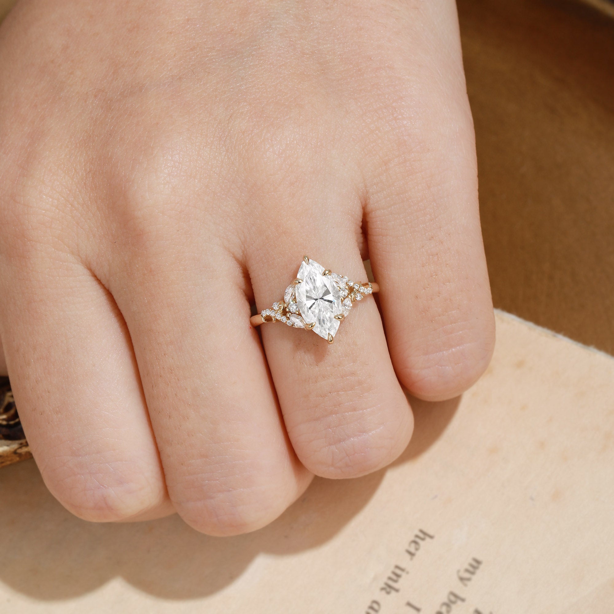 Vintage Moon Marquise Cut Cluster Moissanite Engagement Ring - Nova