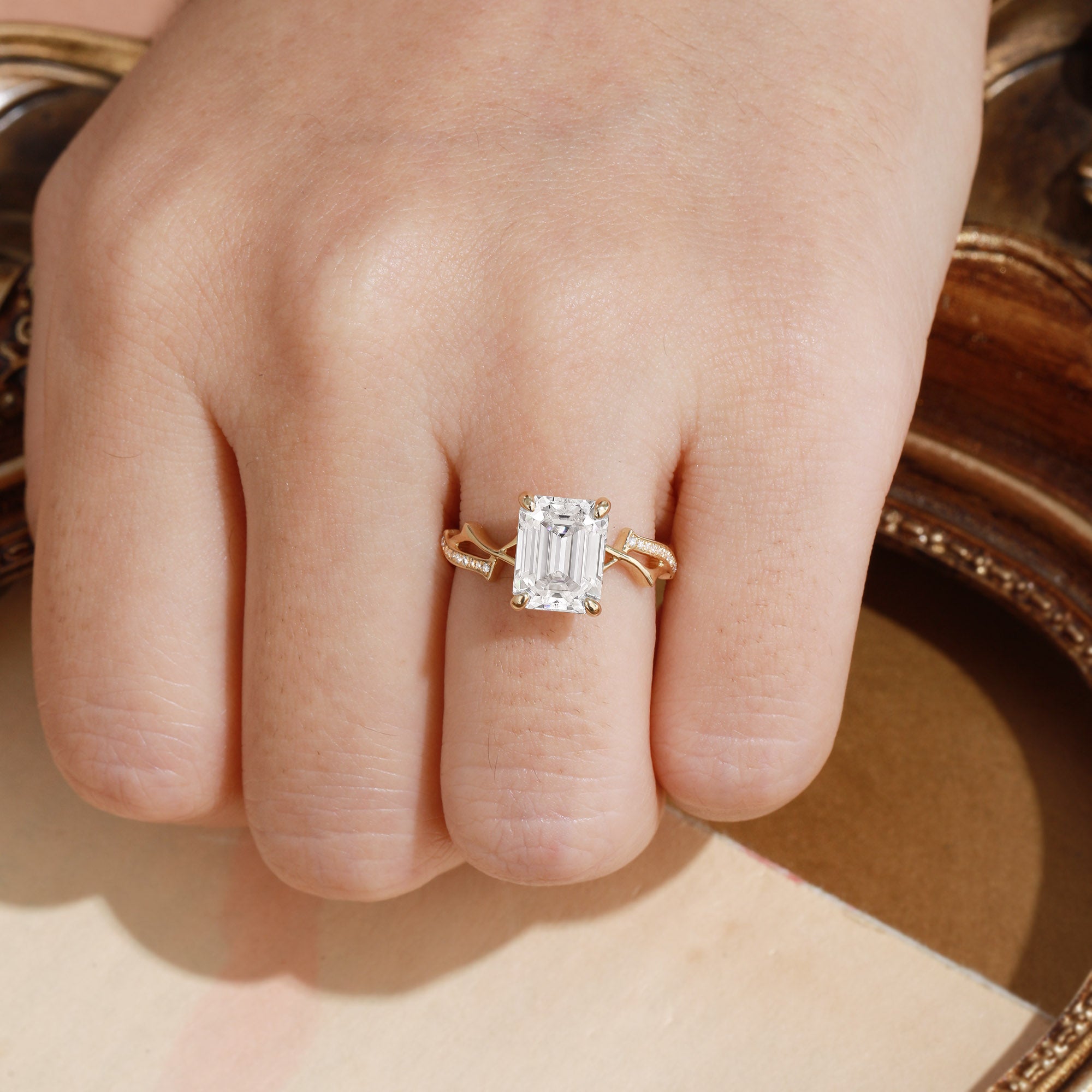 Emerald Cut Moissanite Twisted Split Shank Pave Engagement Ring - Quinn