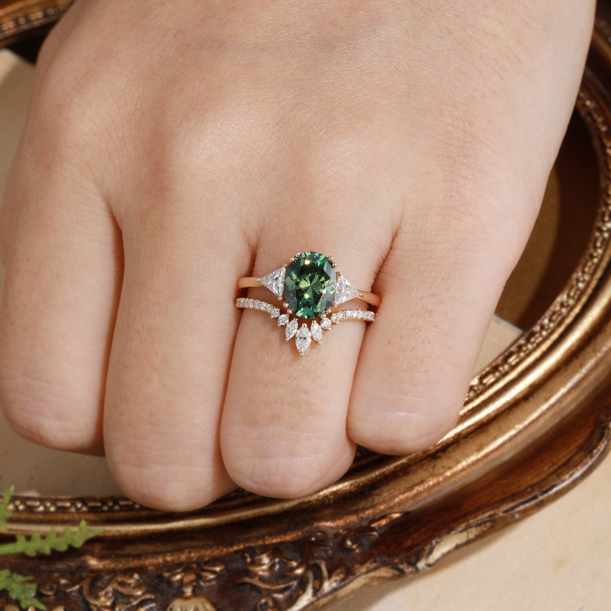 Three Stone Oval Cut Green Moissanite Triangel Moissanite Bridal Set 2pcs - Nerina