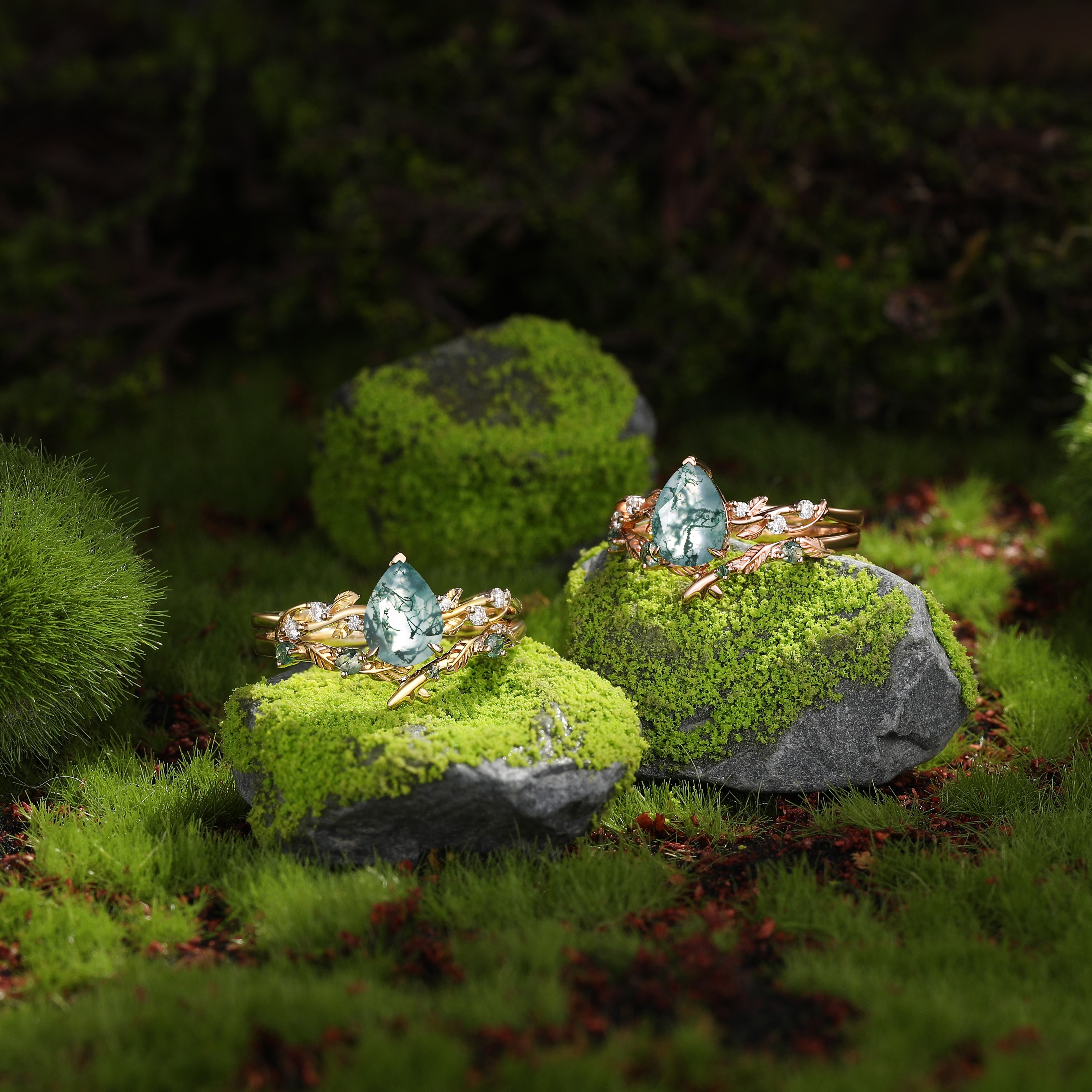 Clarissa - Pear Cut Moss Agate Leafy Bridal Set 2pcs