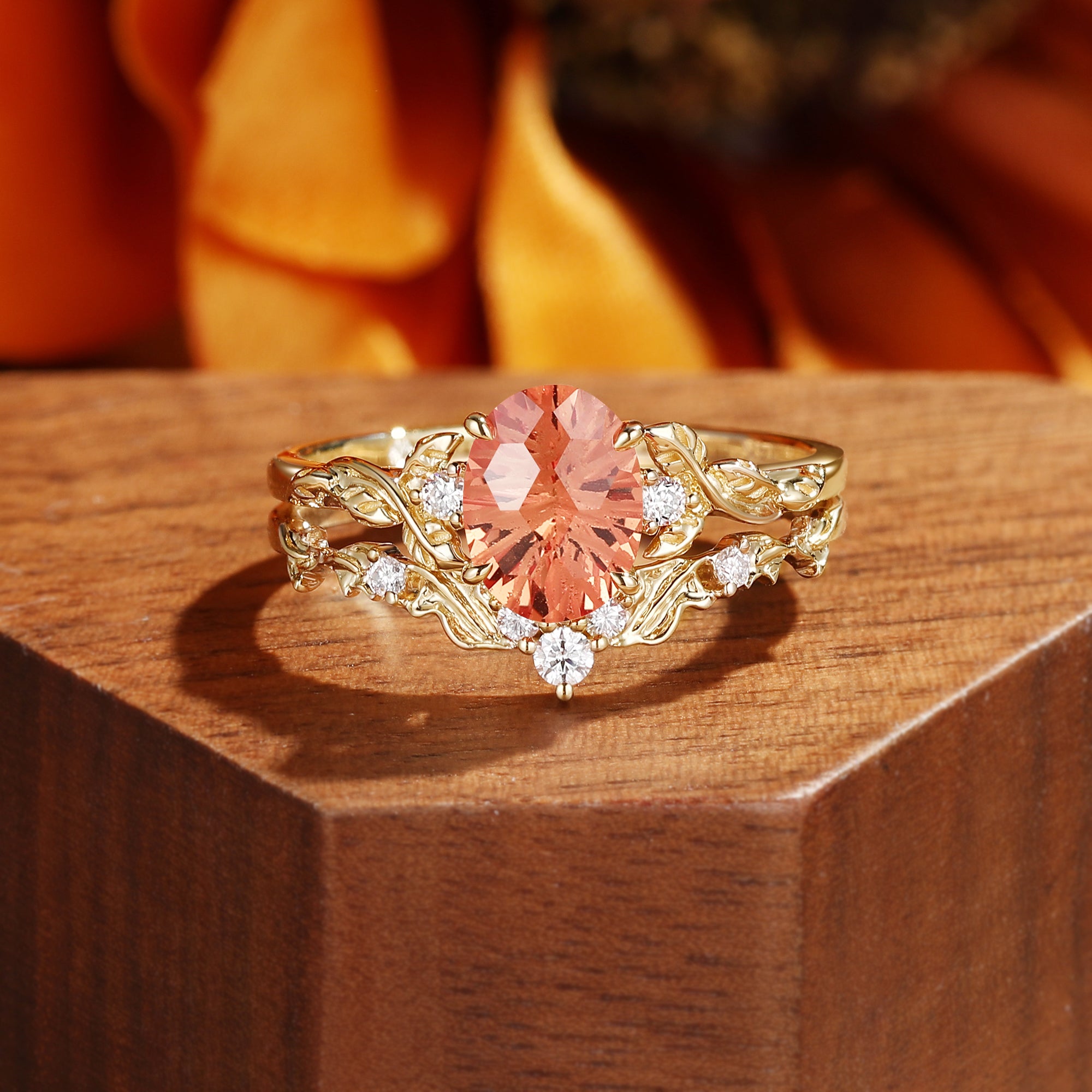Eden - Oval Firework Cut Orange Sapphire Leaf Branch Engagement Ring Set 2pcs