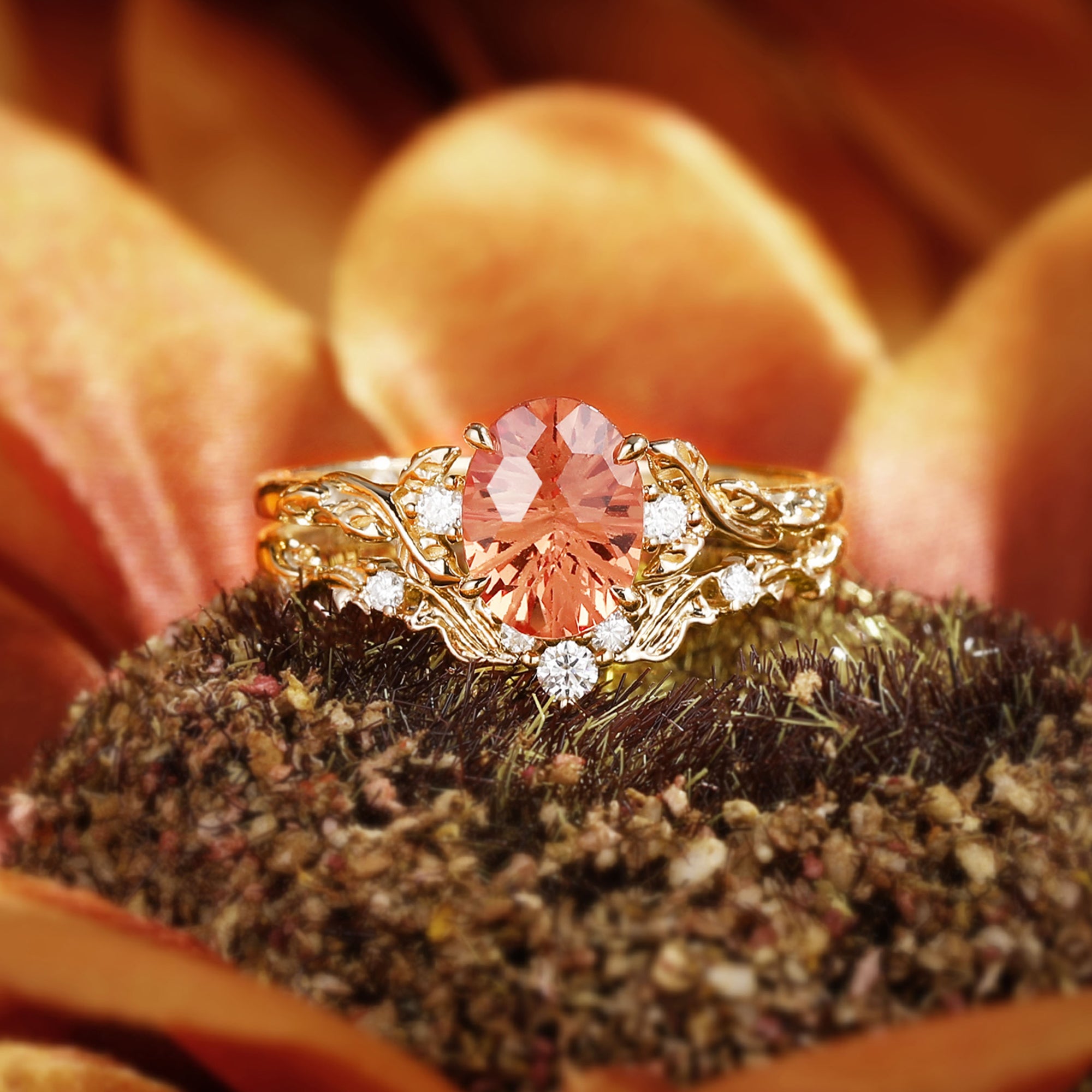 Eden - Oval Firework Cut Orange Sapphire Leaf Branch Engagement Ring Set 2pcs