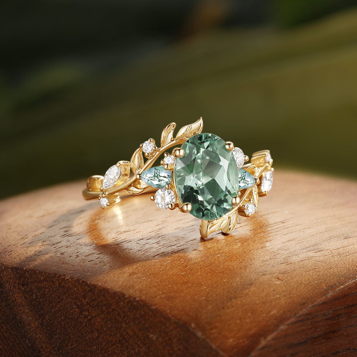 Abrielle - Oval Cut Lab Mint Green Sapphire Vine Fairytale Engagement Ring