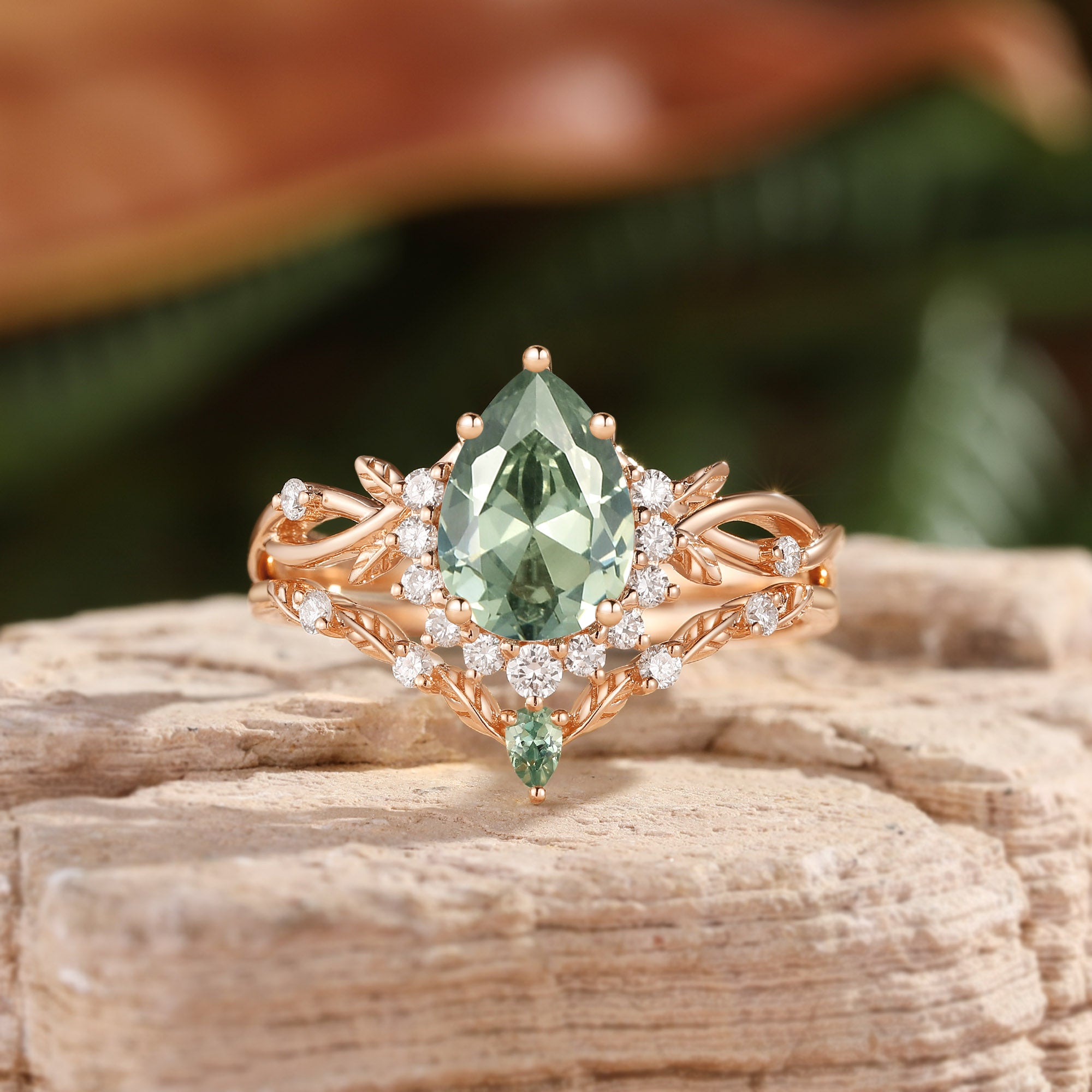 Drisana - 14K Pear Cut Lab Sage Green Sapphire Engagement Ring Set 2pcs