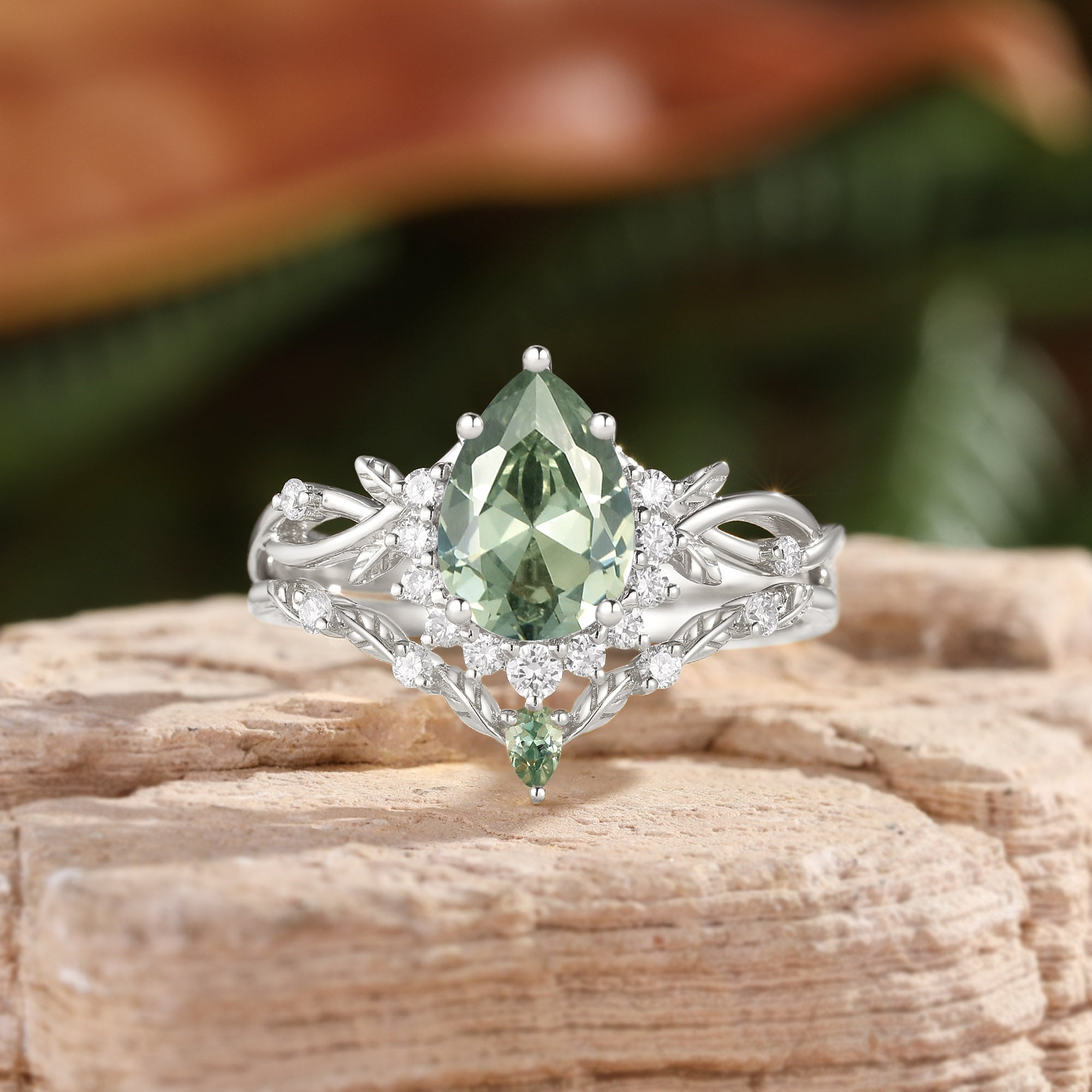 Drisana - 14K Pear Cut Lab Sage Green Sapphire Engagement Ring Set 2pcs