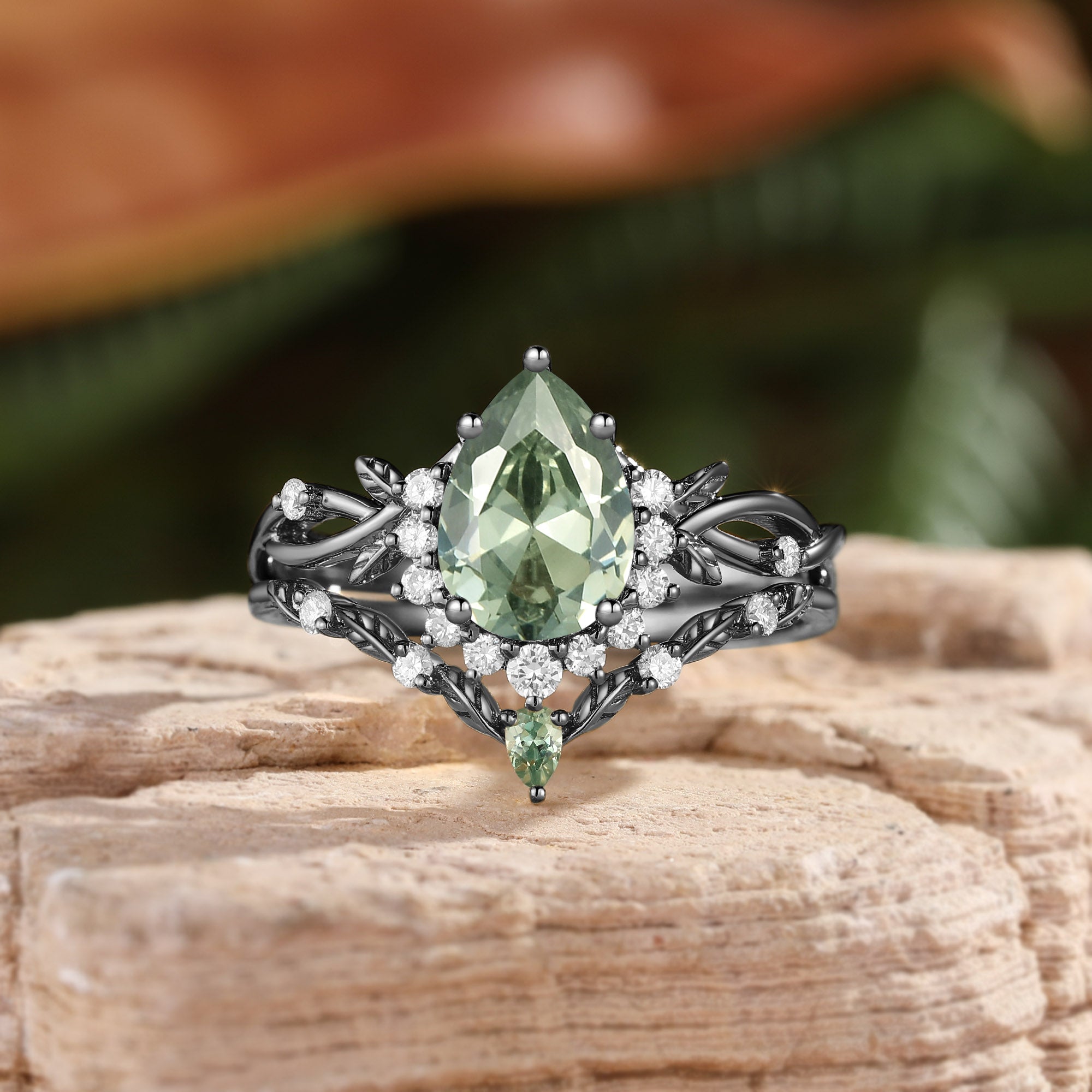 Drisana - 14K Pear Cut Lab Sage Green Sapphire Engagement Ring Set 2pcs