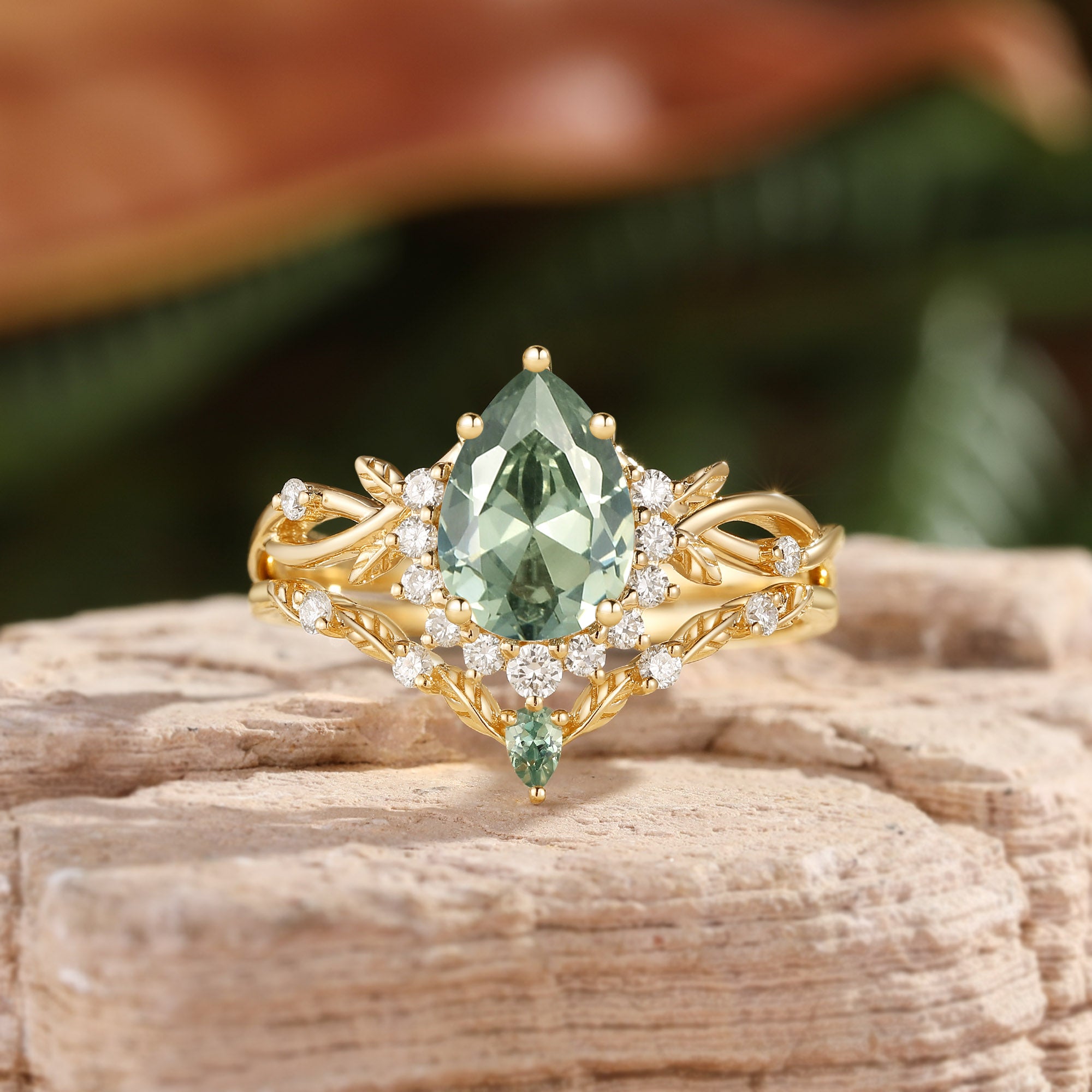 Drisana - 14K Pear Cut Lab Sage Green Sapphire Engagement Ring Set 2pcs