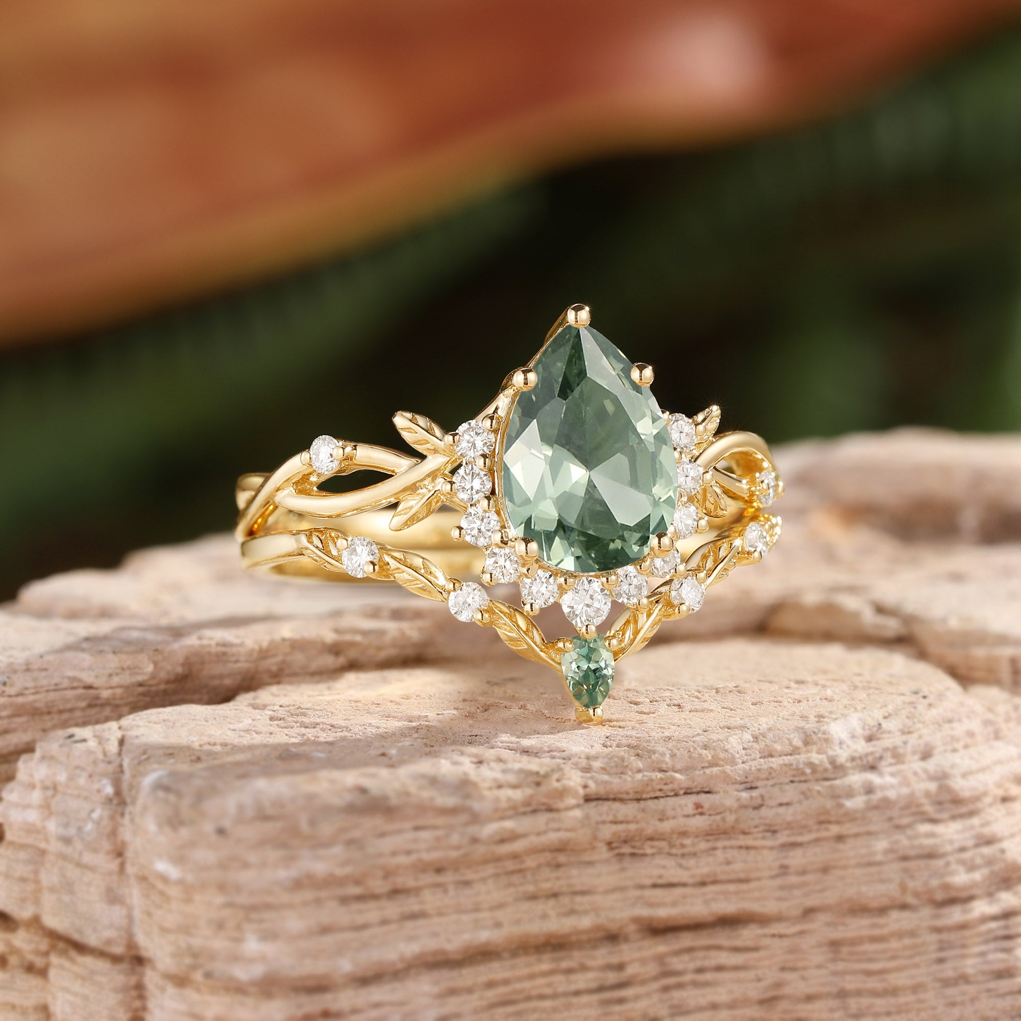 Drisana - 14K Pear Cut Lab Sage Green Sapphire Engagement Ring Set 2pcs