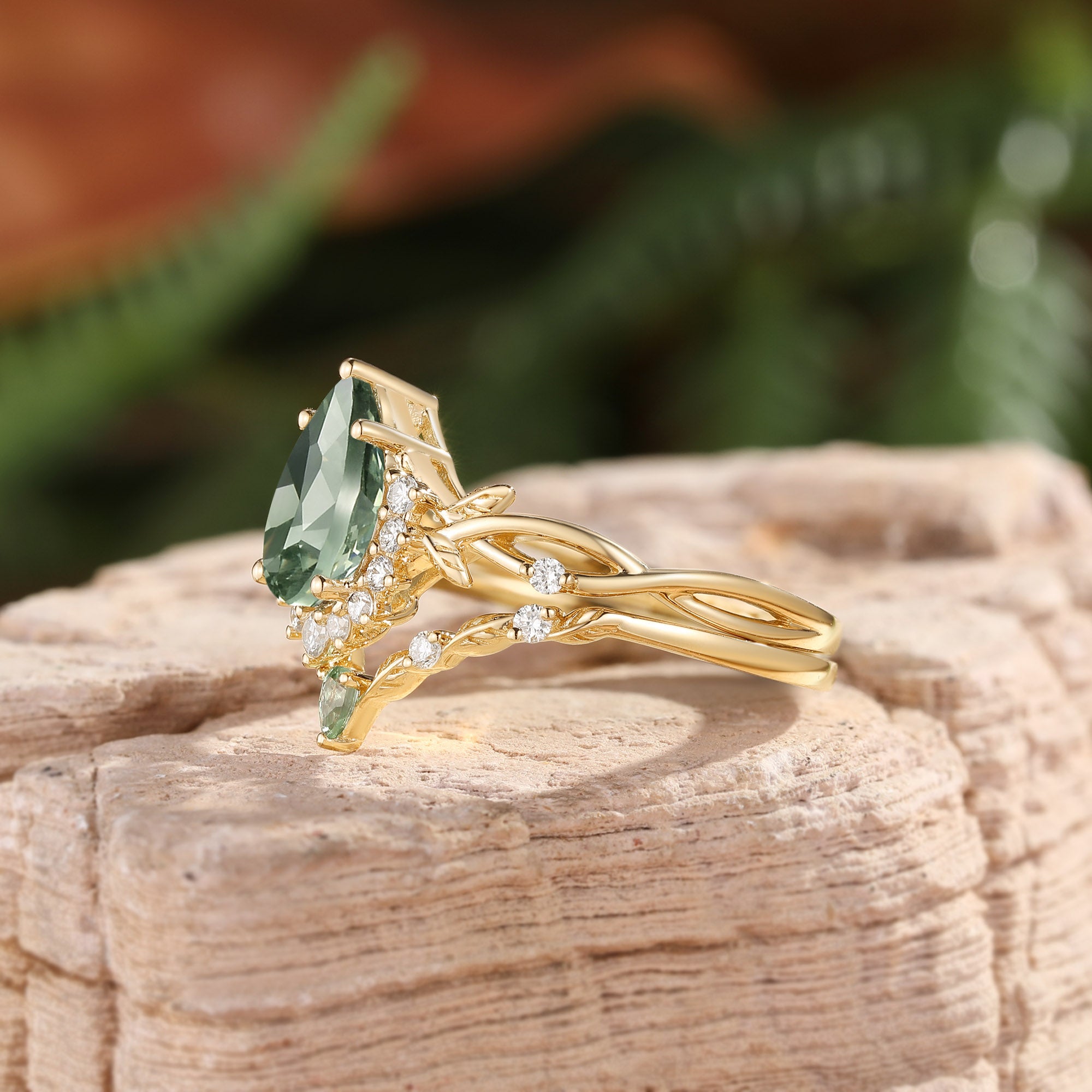Drisana - 14K Pear Cut Lab Sage Green Sapphire Engagement Ring Set 2pcs