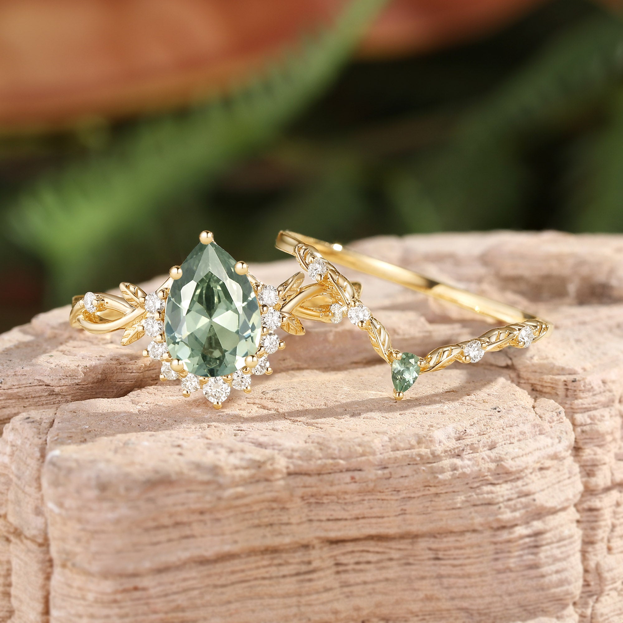 Drisana - 14K Pear Cut Lab Sage Green Sapphire Engagement Ring Set 2pcs