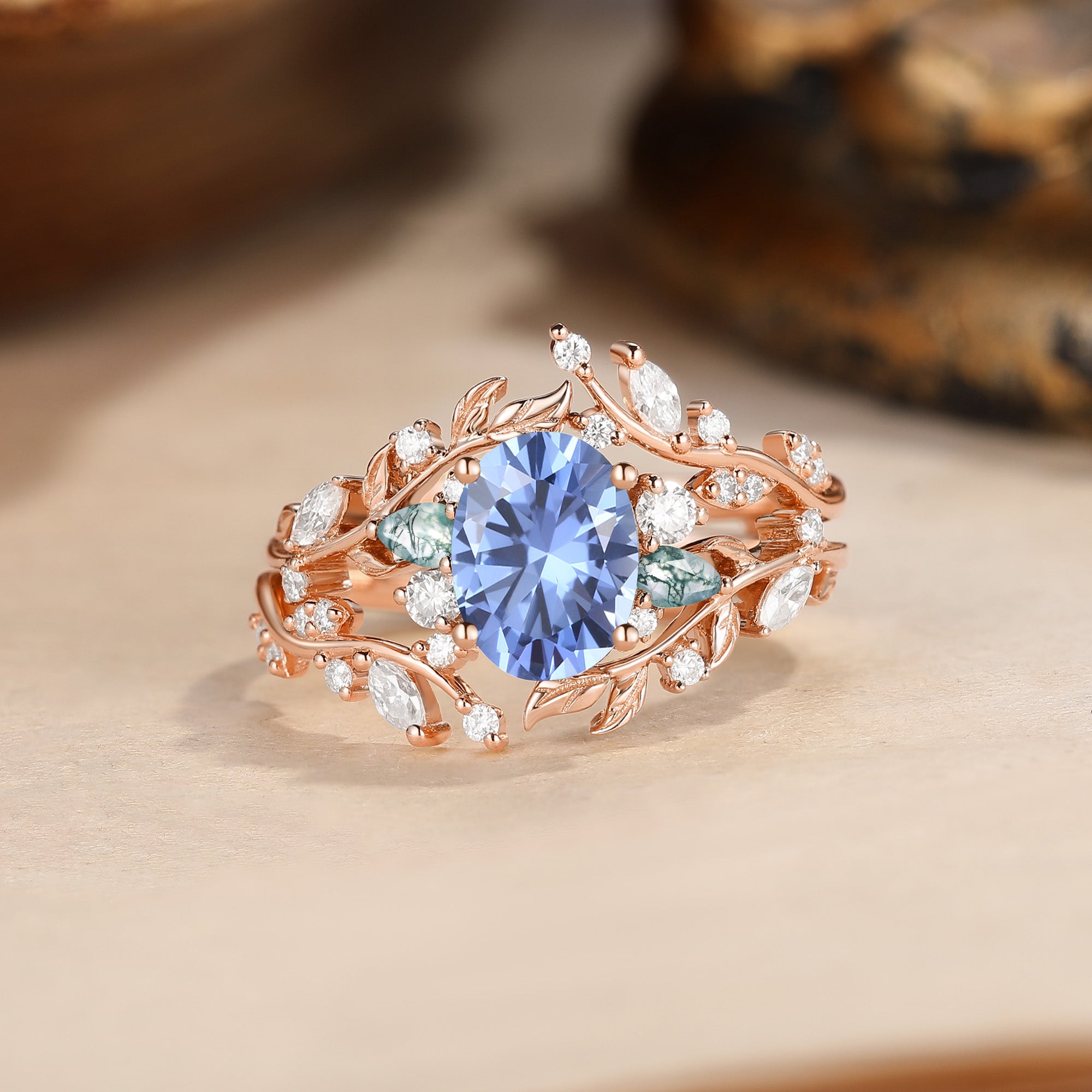 Oval Cut Lab Cornflower Blue Sapphire Vine Fairytale Enhancer Ring Set 2pcs - Abrielle