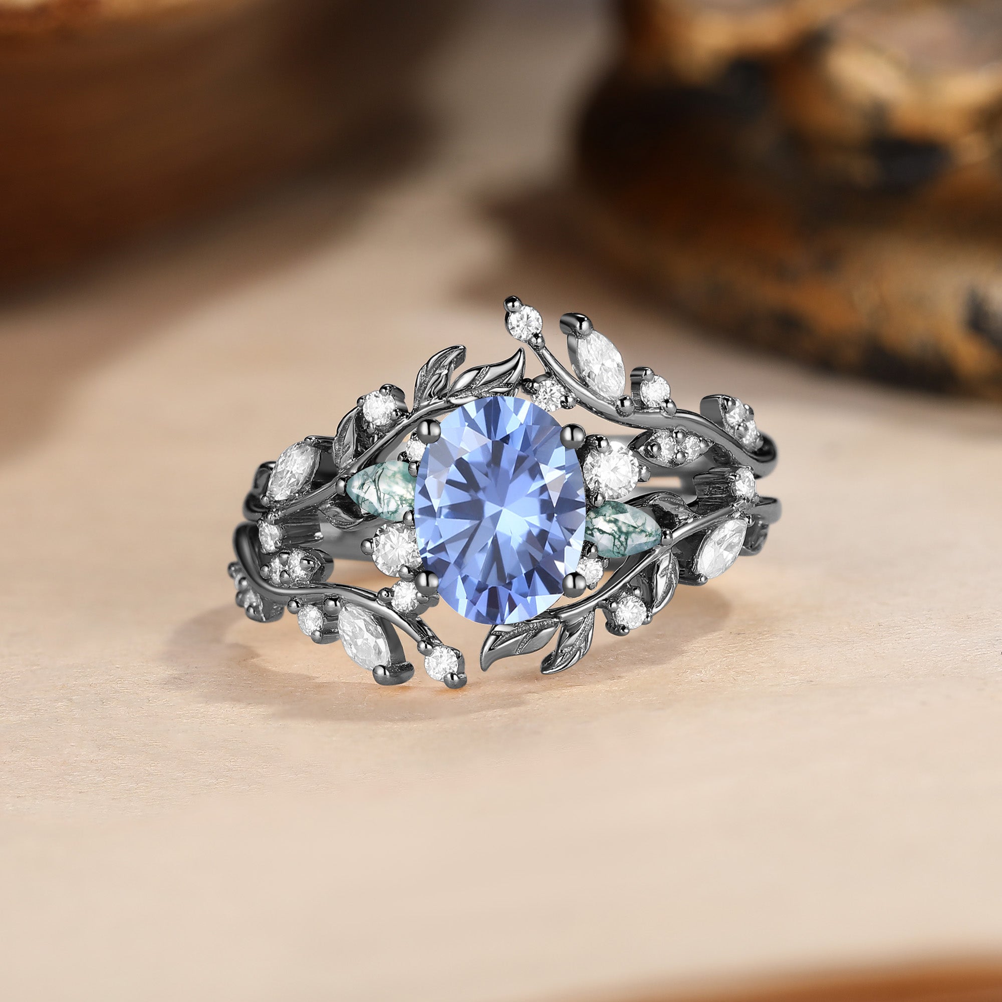 Oval Cut Lab Cornflower Blue Sapphire Vine Fairytale Enhancer Ring Set 2pcs - Abrielle