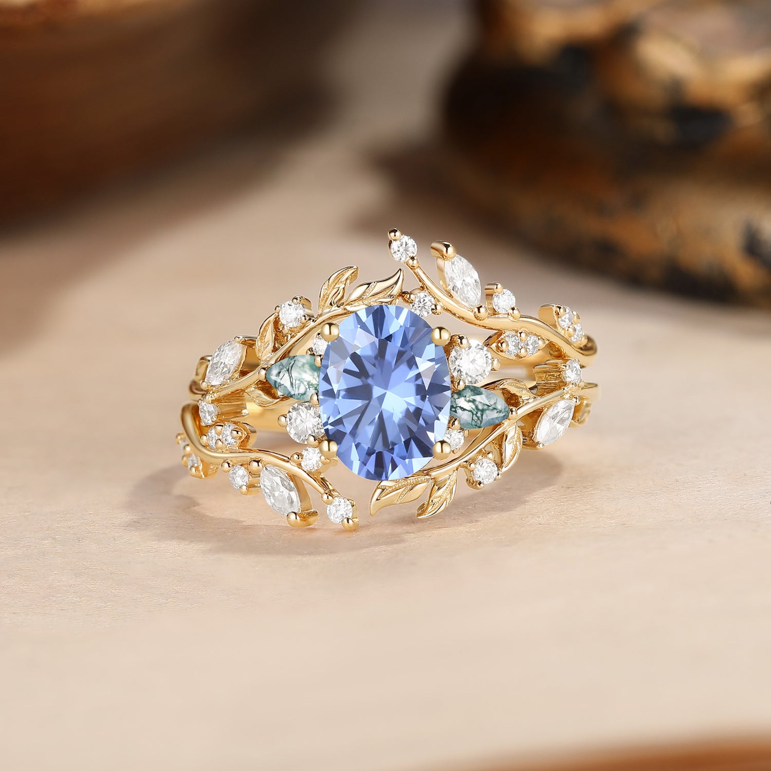 Oval Cut Lab Cornflower Blue Sapphire Vine Fairytale Enhancer Ring Set 2pcs - Abrielle