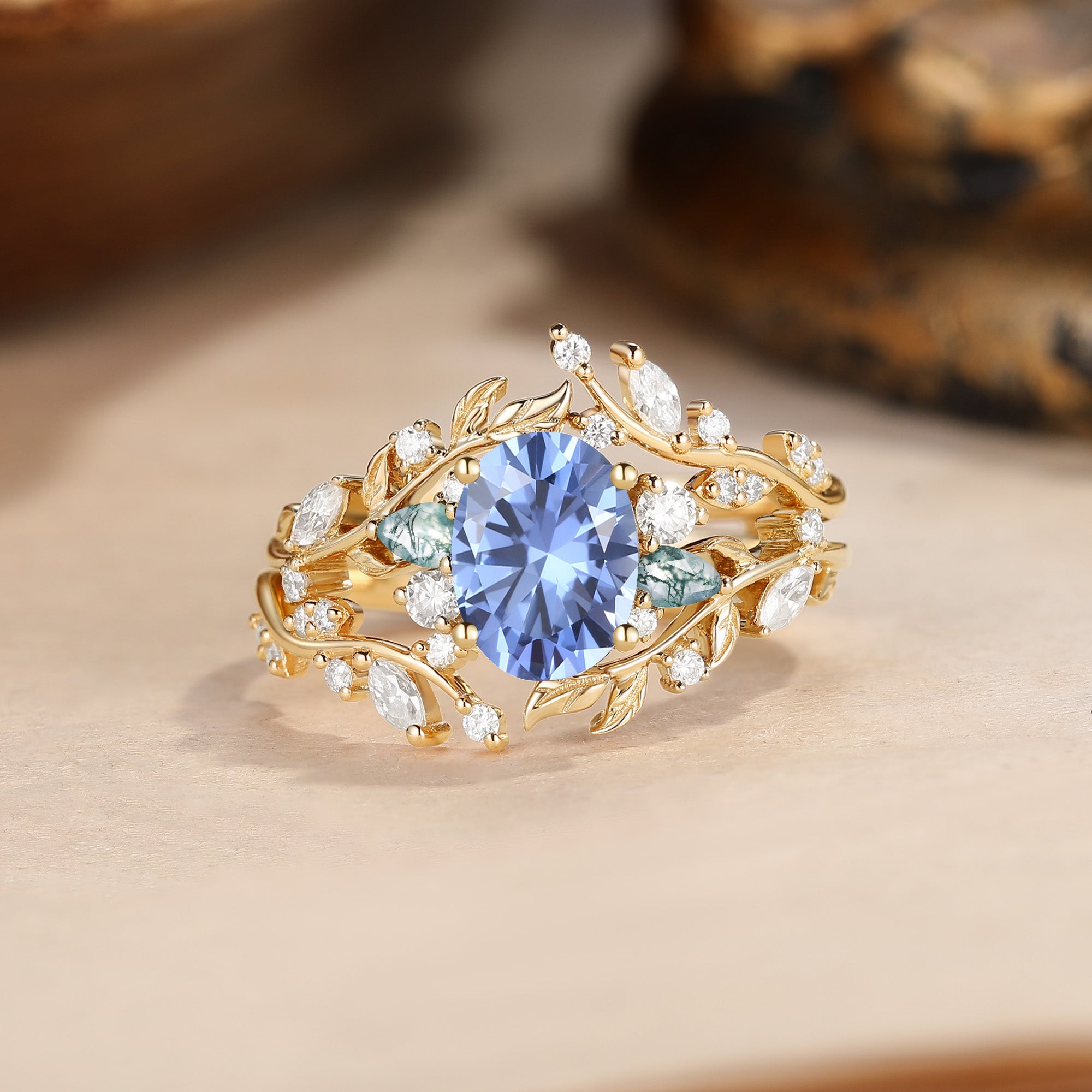 Oval Cut Lab Cornflower Blue Sapphire Vine Fairytale Enhancer Ring Set 2pcs - Abrielle