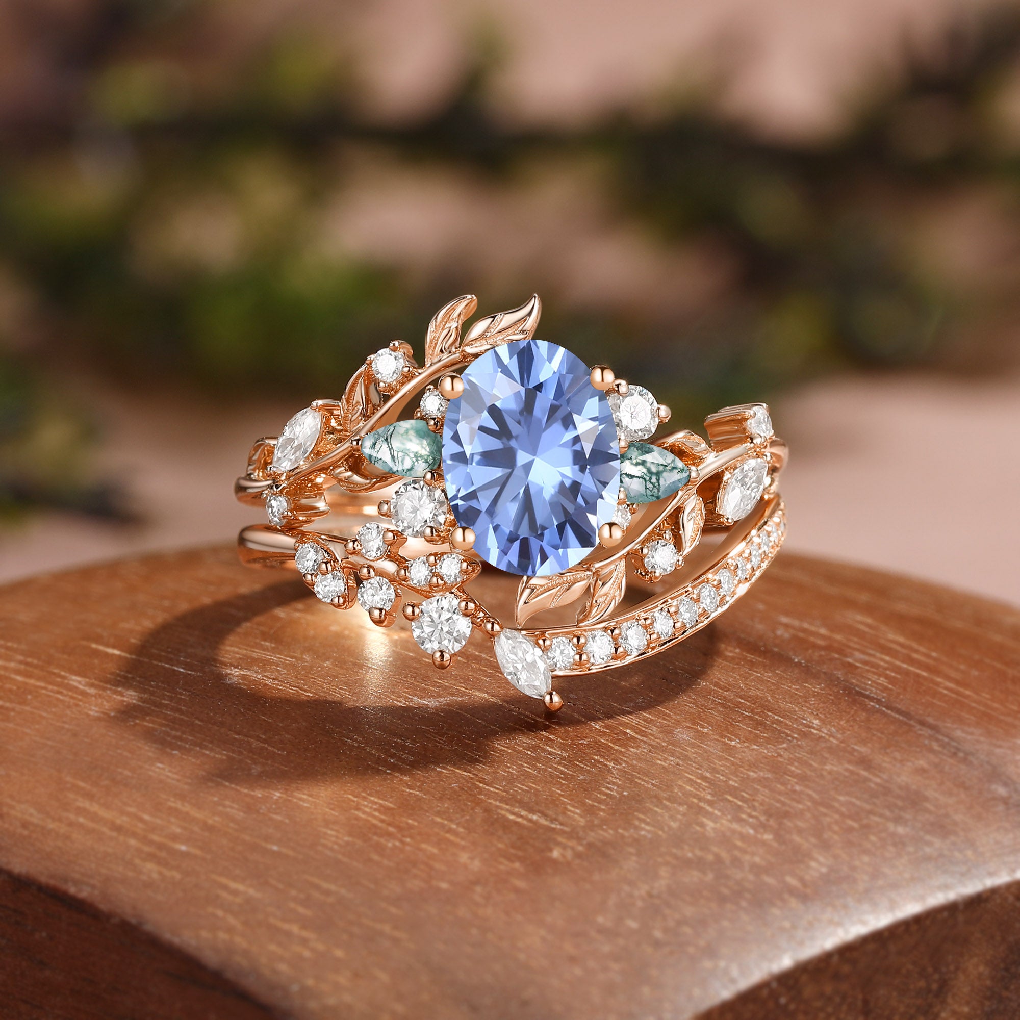 Oval Cut Lab Cornflower Blue Sapphire Vine Fairy Bridal Ring Set 2pcs - Abrielle