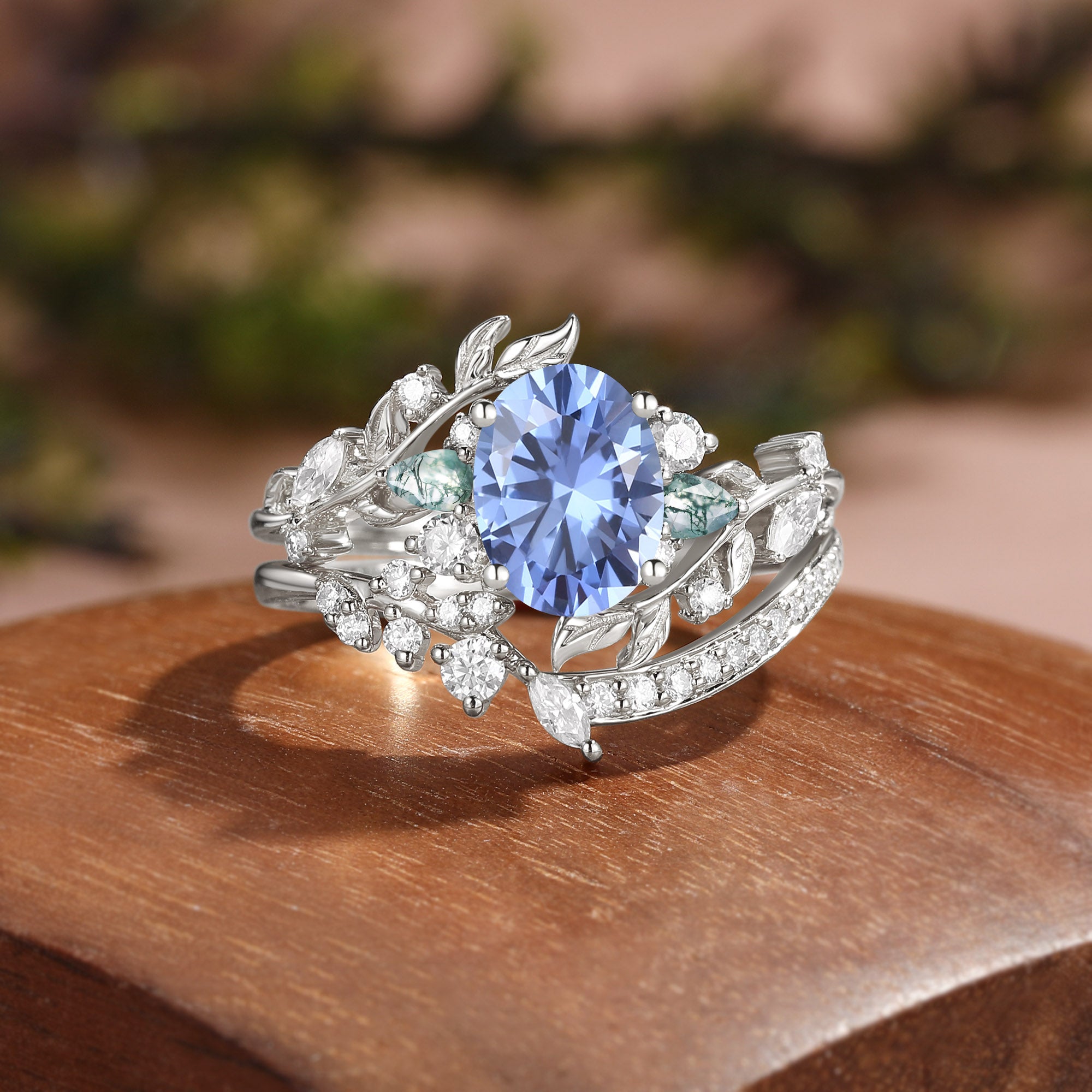Oval Cut Lab Cornflower Blue Sapphire Vine Fairy Bridal Ring Set 2pcs - Abrielle
