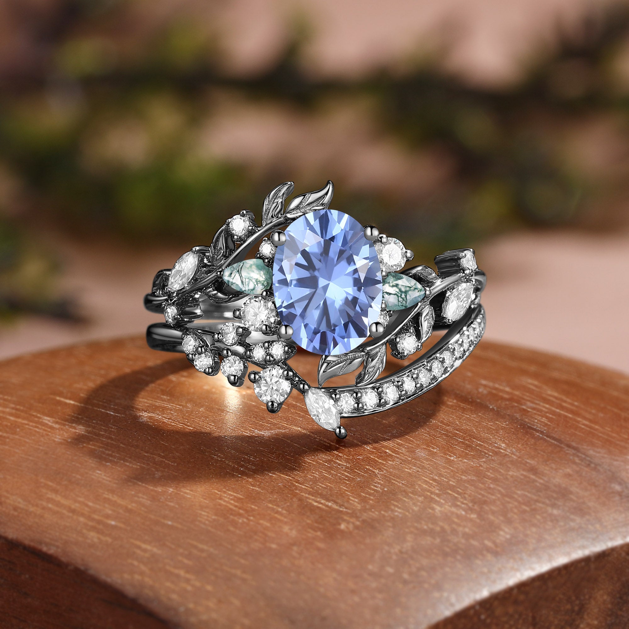 Oval Cut Lab Cornflower Blue Sapphire Vine Fairy Bridal Ring Set 2pcs - Abrielle