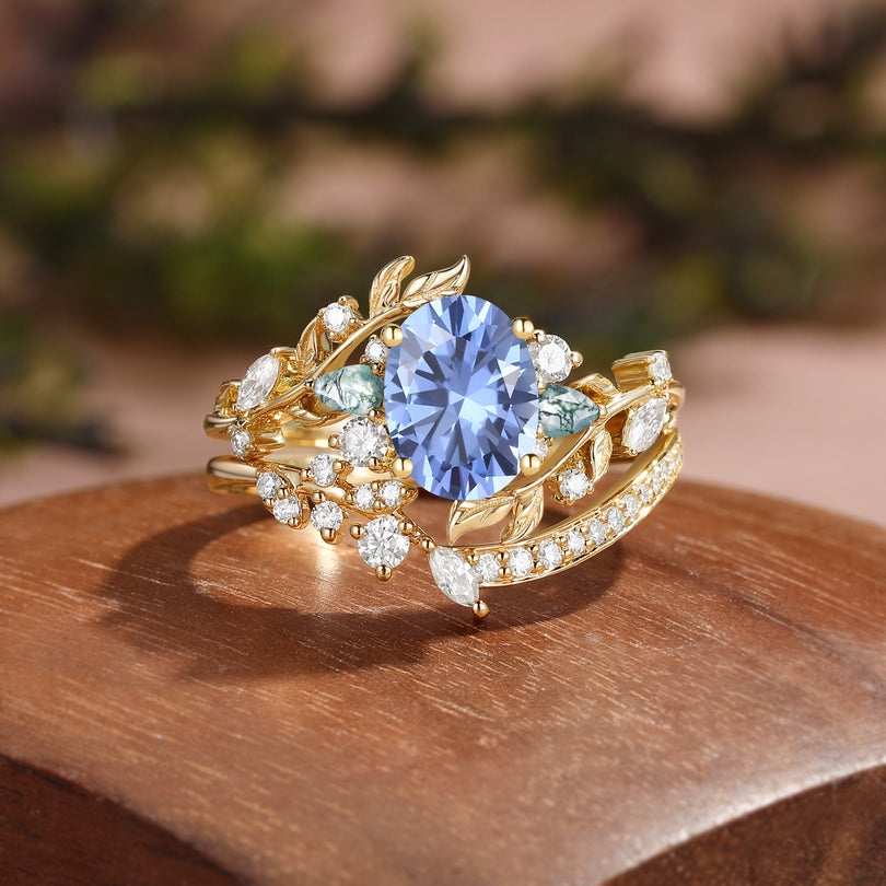 Oval Cut Lab Cornflower Blue Sapphire Vine Fairy Bridal Ring Set 2pcs