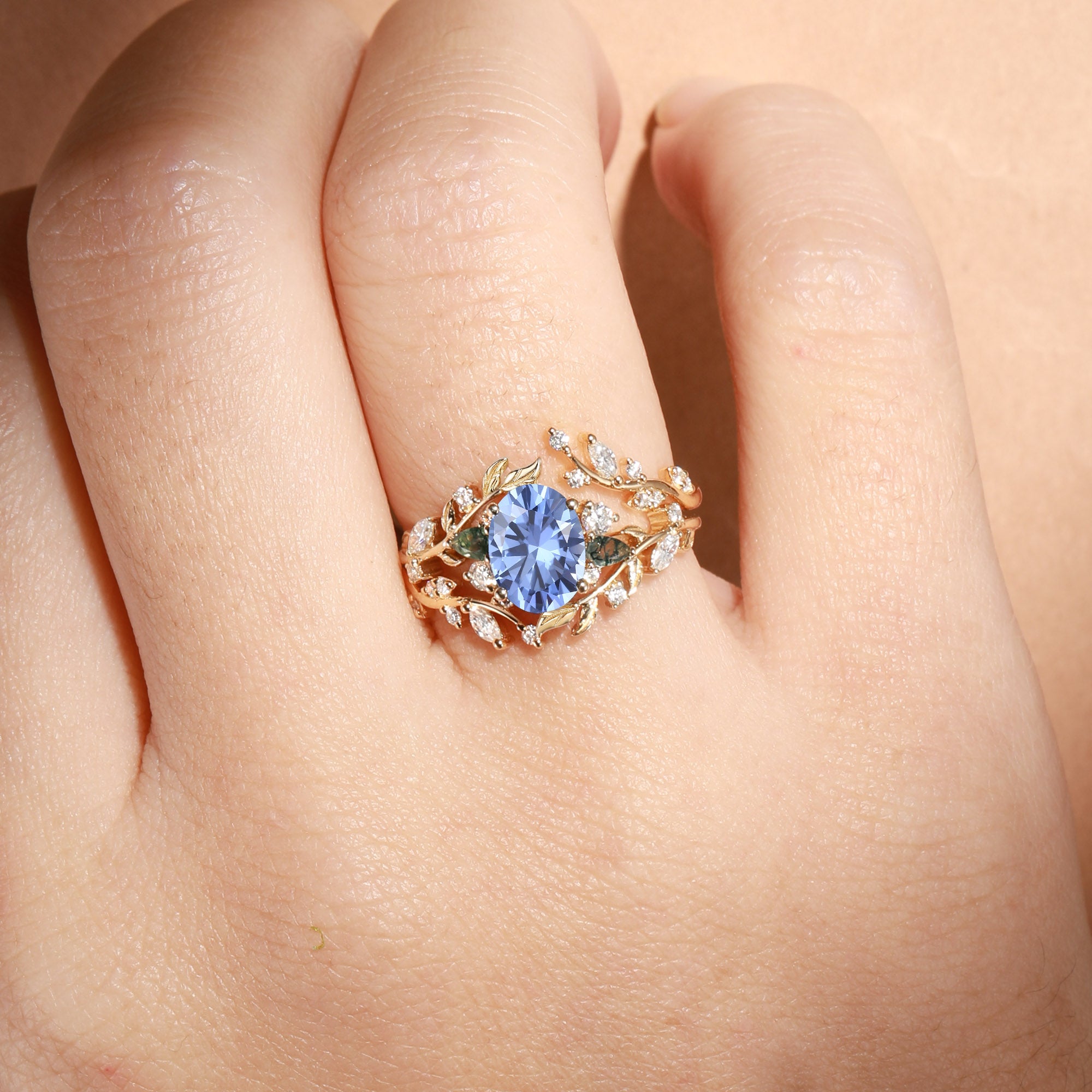 Oval Cut Lab Cornflower Blue Sapphire Vine Fairytale Enhancer Ring Set 2pcs - Abrielle