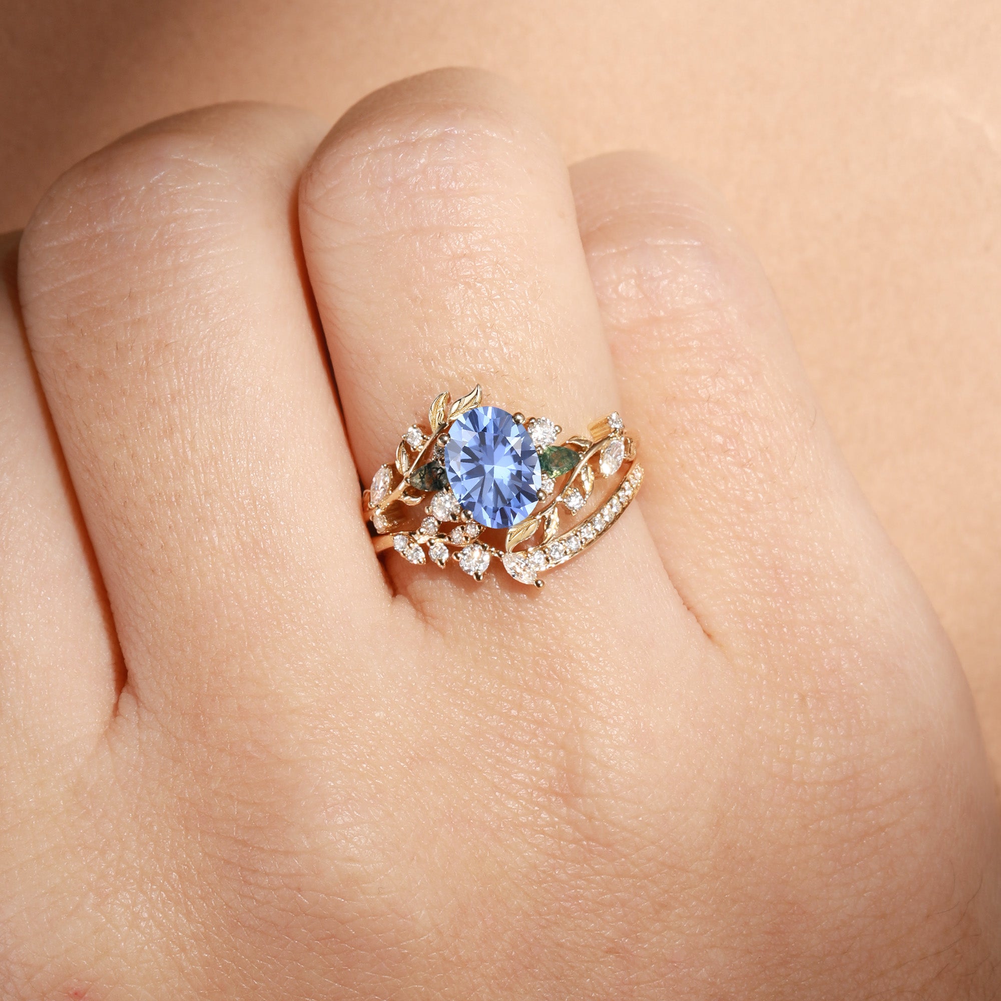 Oval Cut Lab Cornflower Blue Sapphire Vine Fairy Bridal Ring Set 2pcs - Abrielle