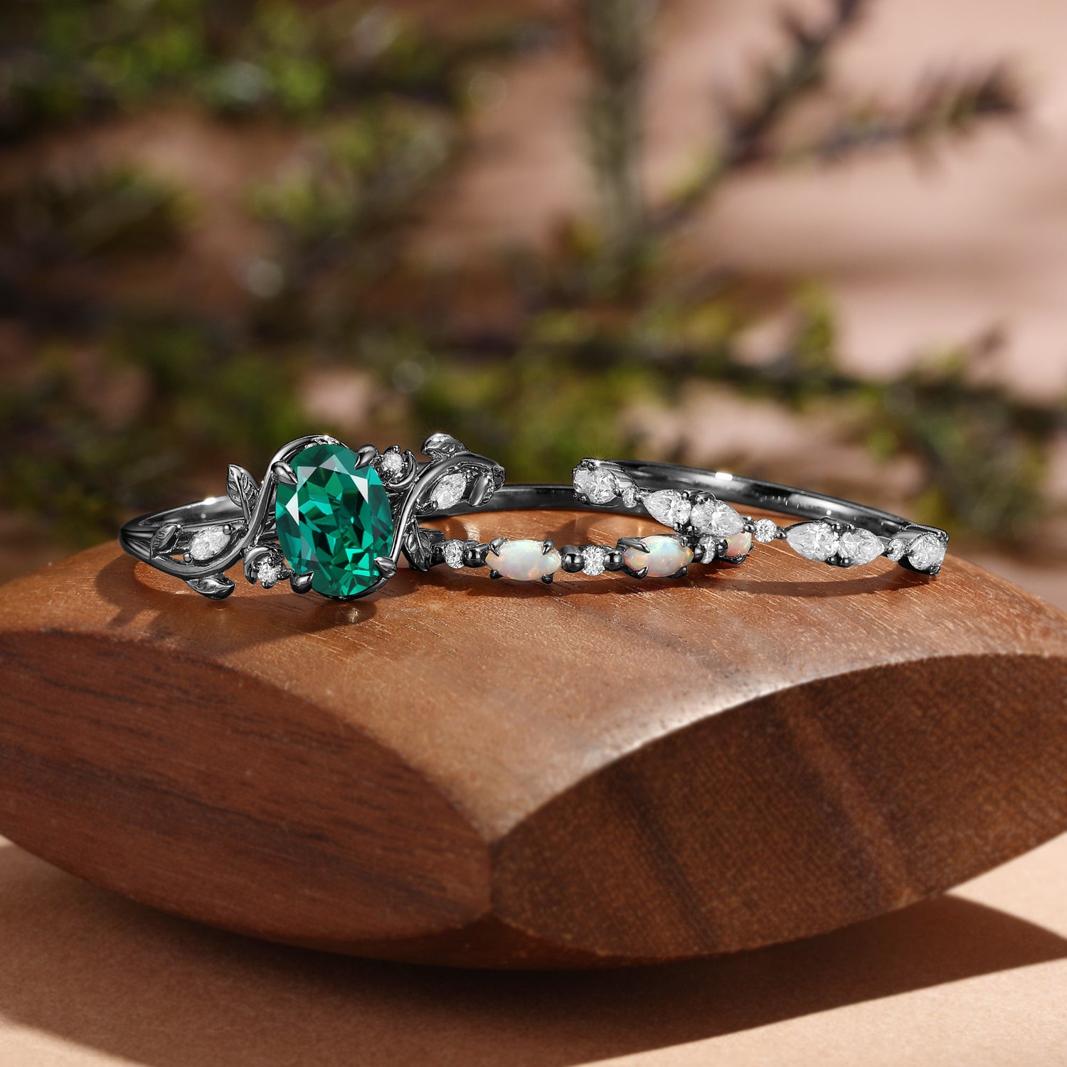 Leafy Inspired Oval Cut Lab Emerald And Opal Band Bridal Set 3pcs - Désirée