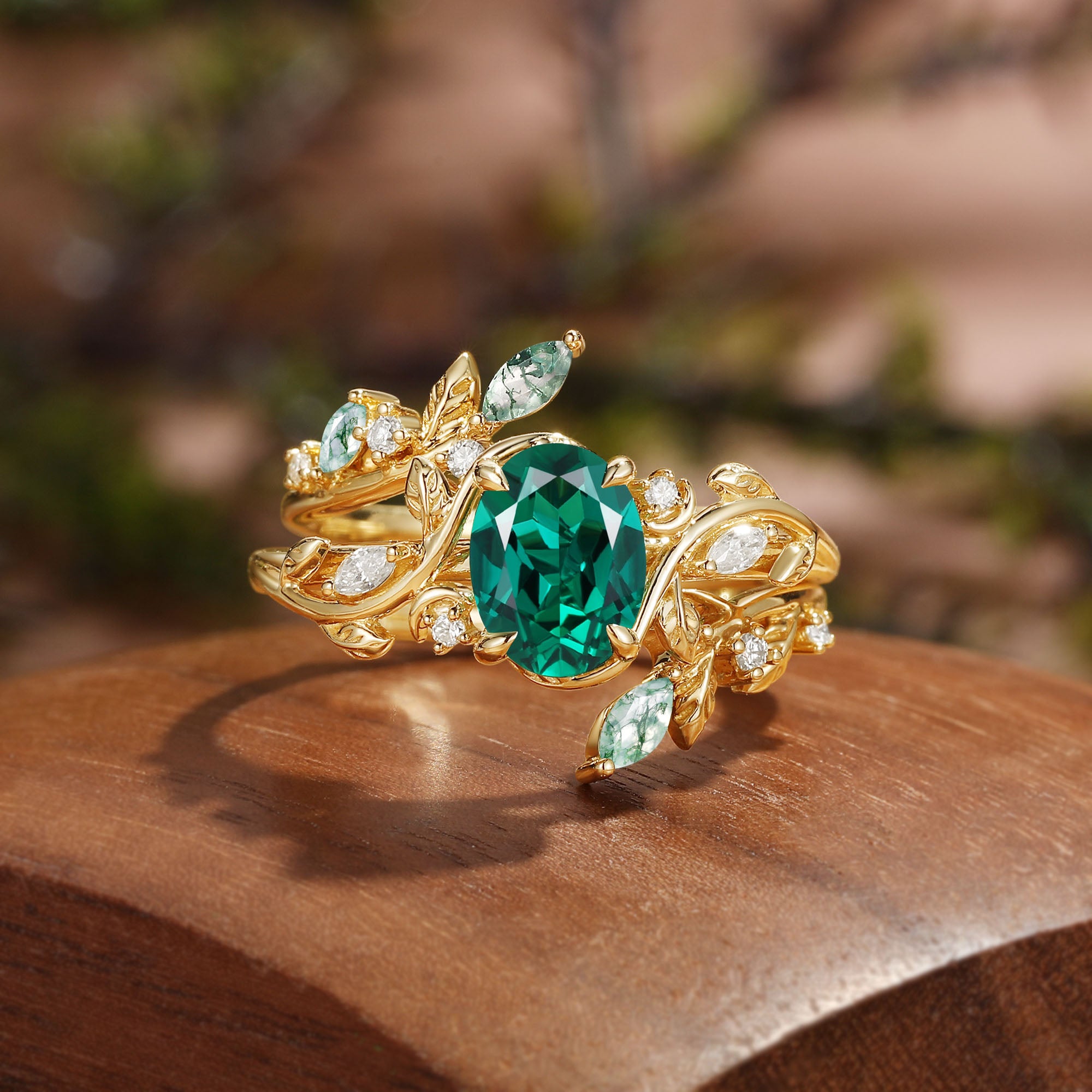 Nature Inspired Oval Cut Lab Emerald And Moss Agate Enhancer Bridal Set 2pcs - Désirée