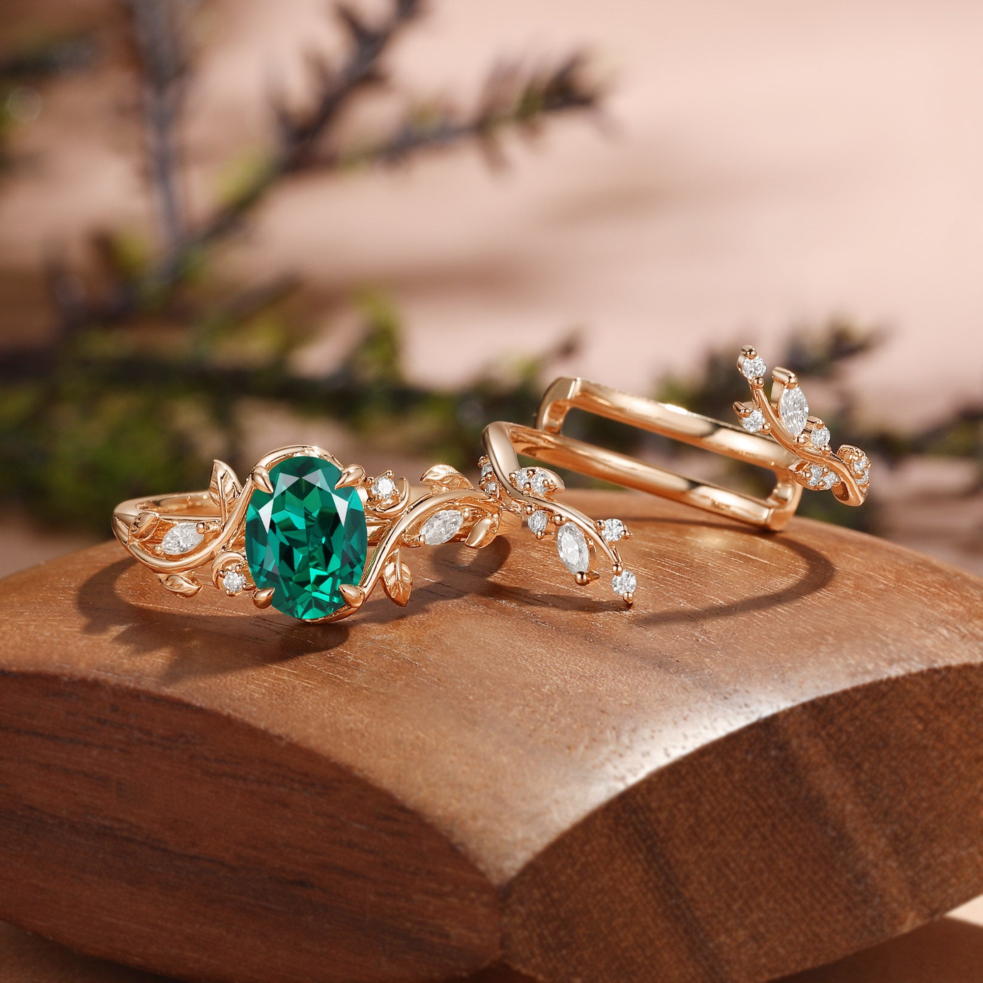 Oval Cut Lab Emerald Nature Inspired Leafy Enhancer Bridal Set 2pcs - Désirée