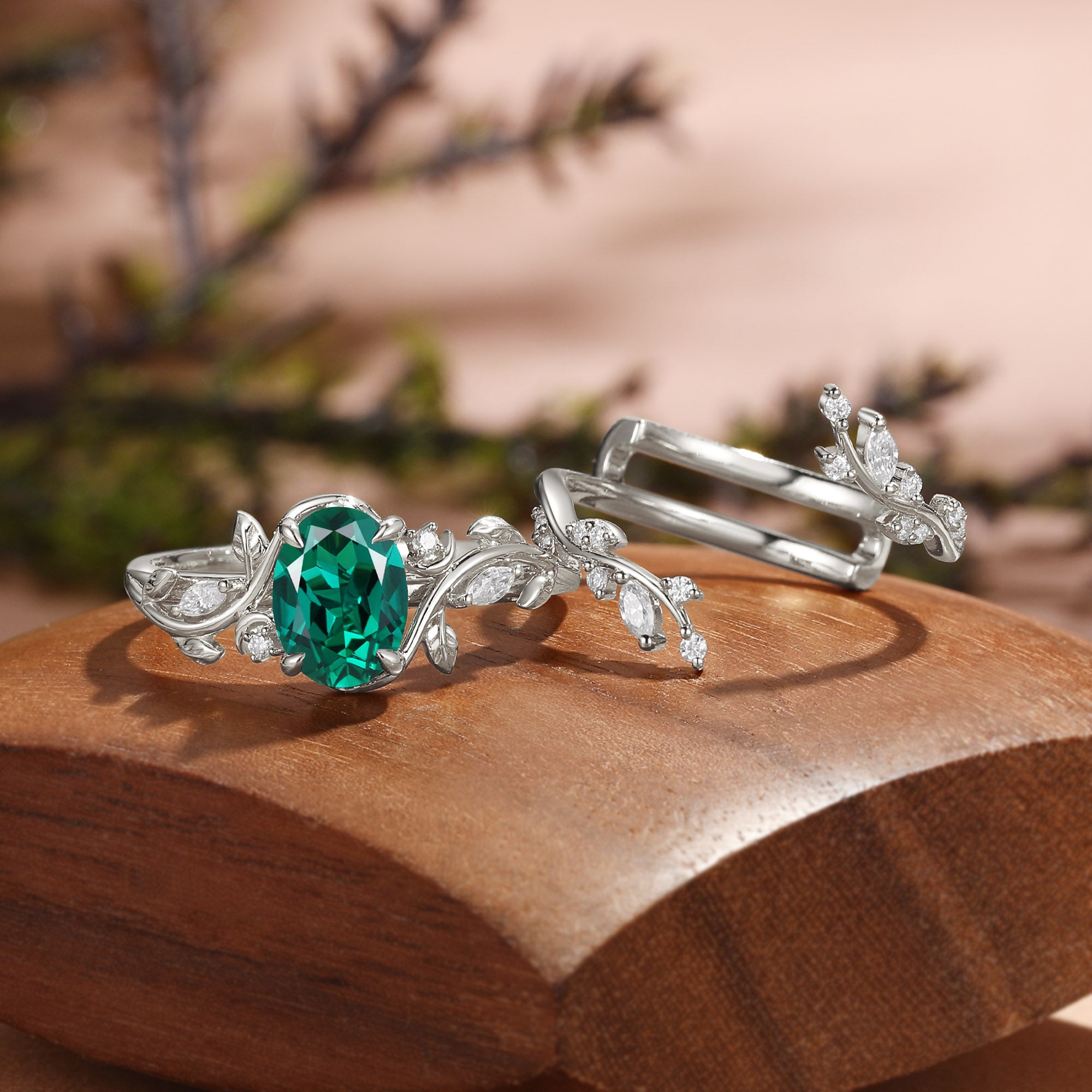 Oval Cut Lab Emerald Nature Inspired Leafy Enhancer Bridal Set 2pcs - Désirée