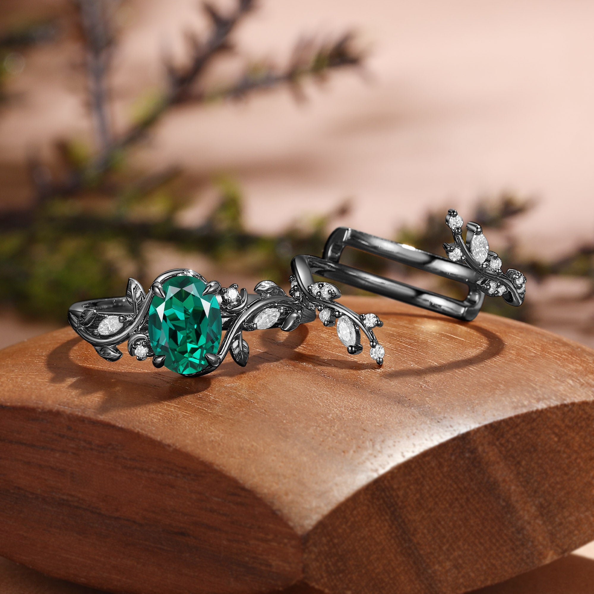 Oval Cut Lab Emerald Nature Inspired Leafy Enhancer Bridal Set 2pcs - Désirée