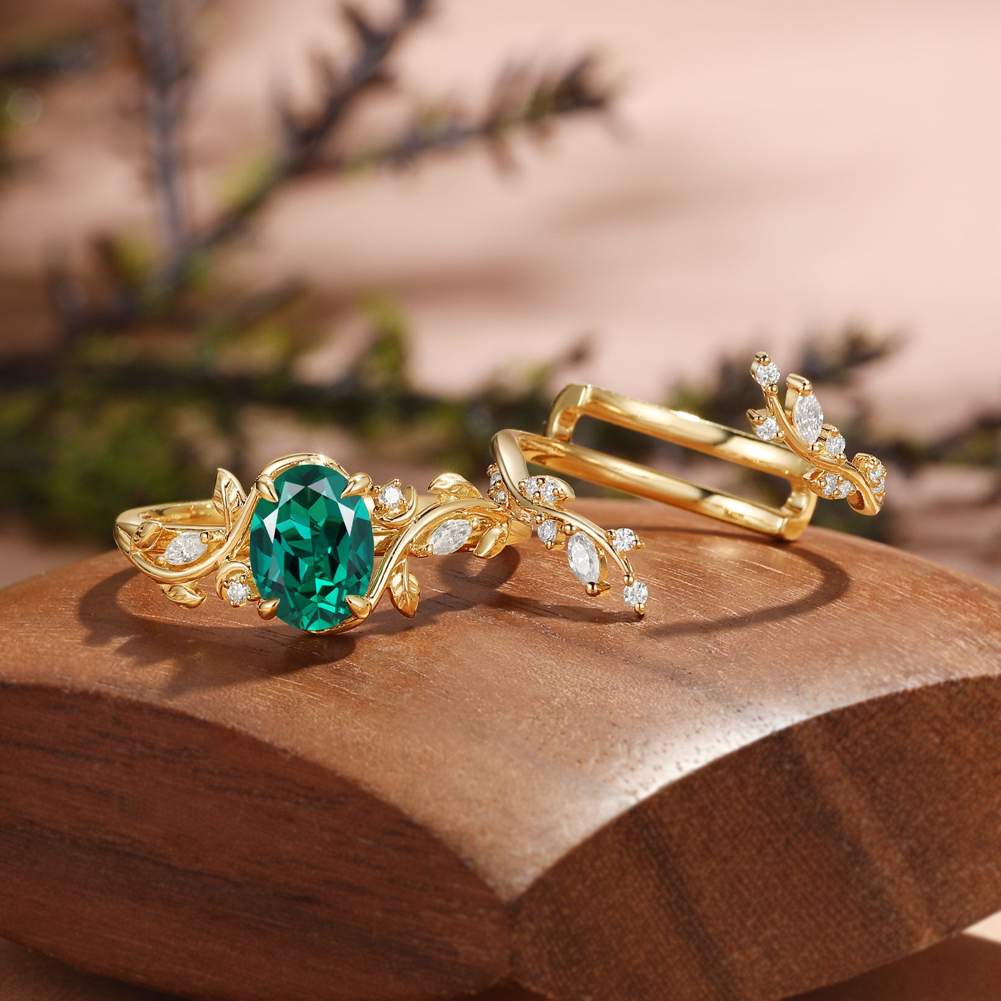 Oval Cut Lab Emerald Nature Inspired Leafy Enhancer Bridal Set 2pcs - Désirée