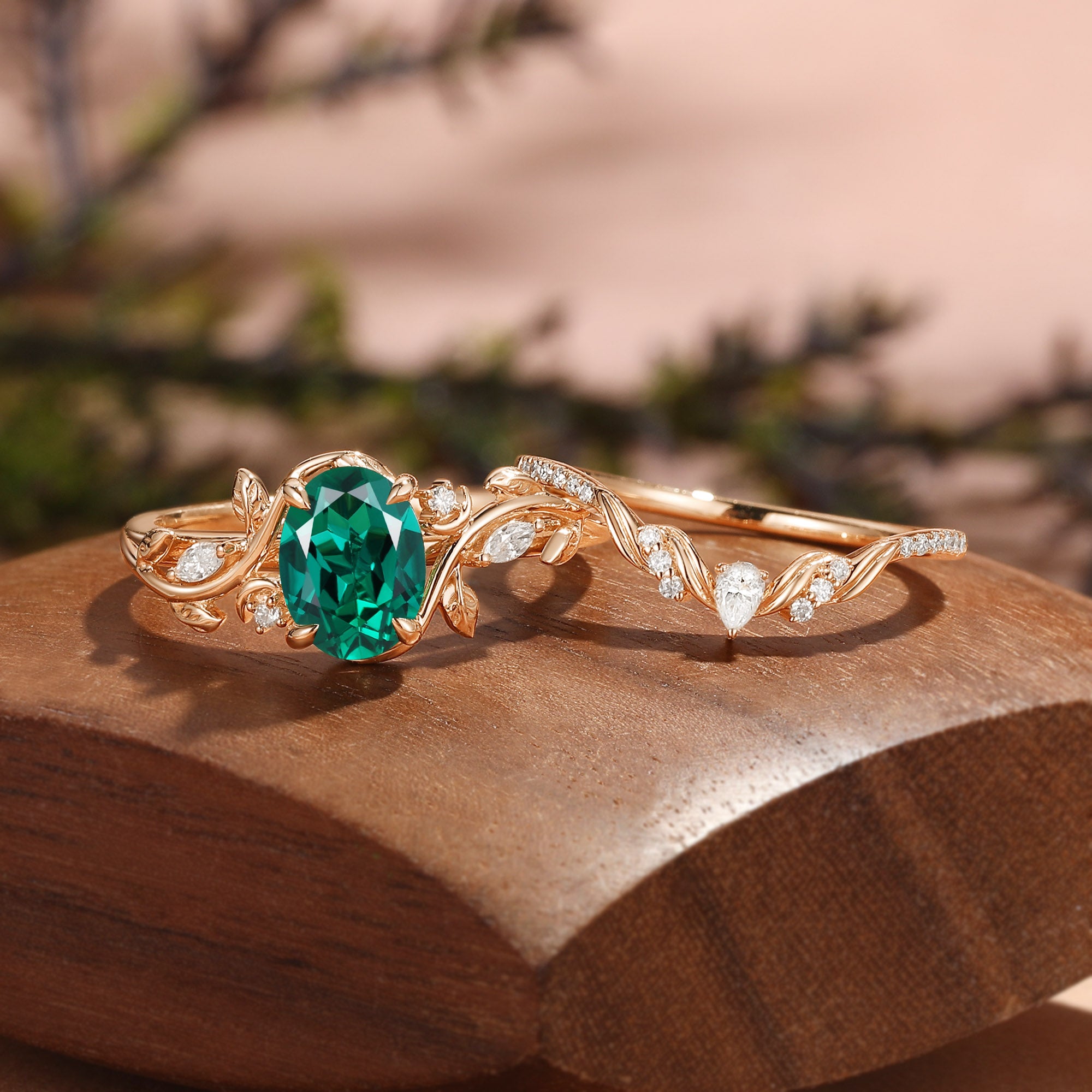 Oval Cut Lab Emerald Nature Inspired Leafy Band Bridal Set 2pcs - Désirée