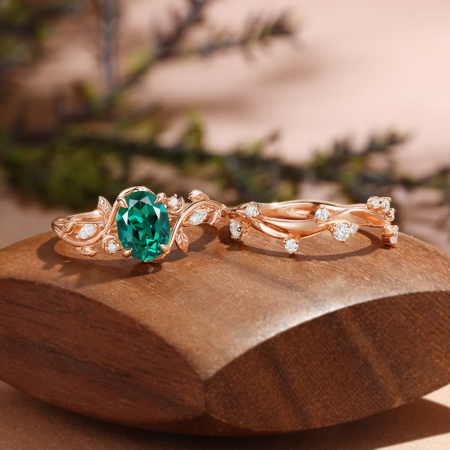 Oval Cut Lab Emerald Nature Inspired Cluster Leafy Band Bridal Set 2pcs - Désirée