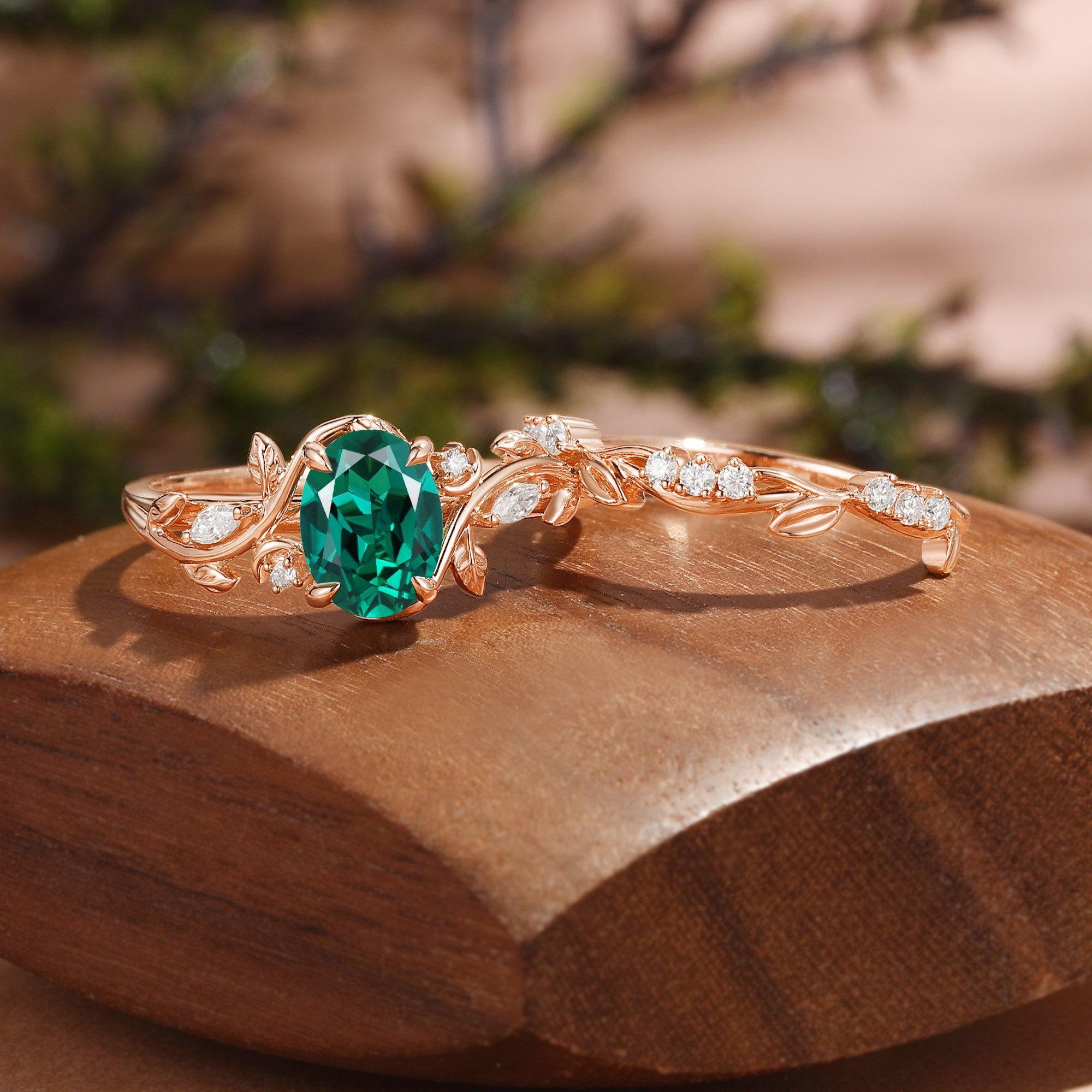 Oval Cut Lab Emerald Leafy Inspired Fairy Twist Band Bridal Set 2pcs - Désirée