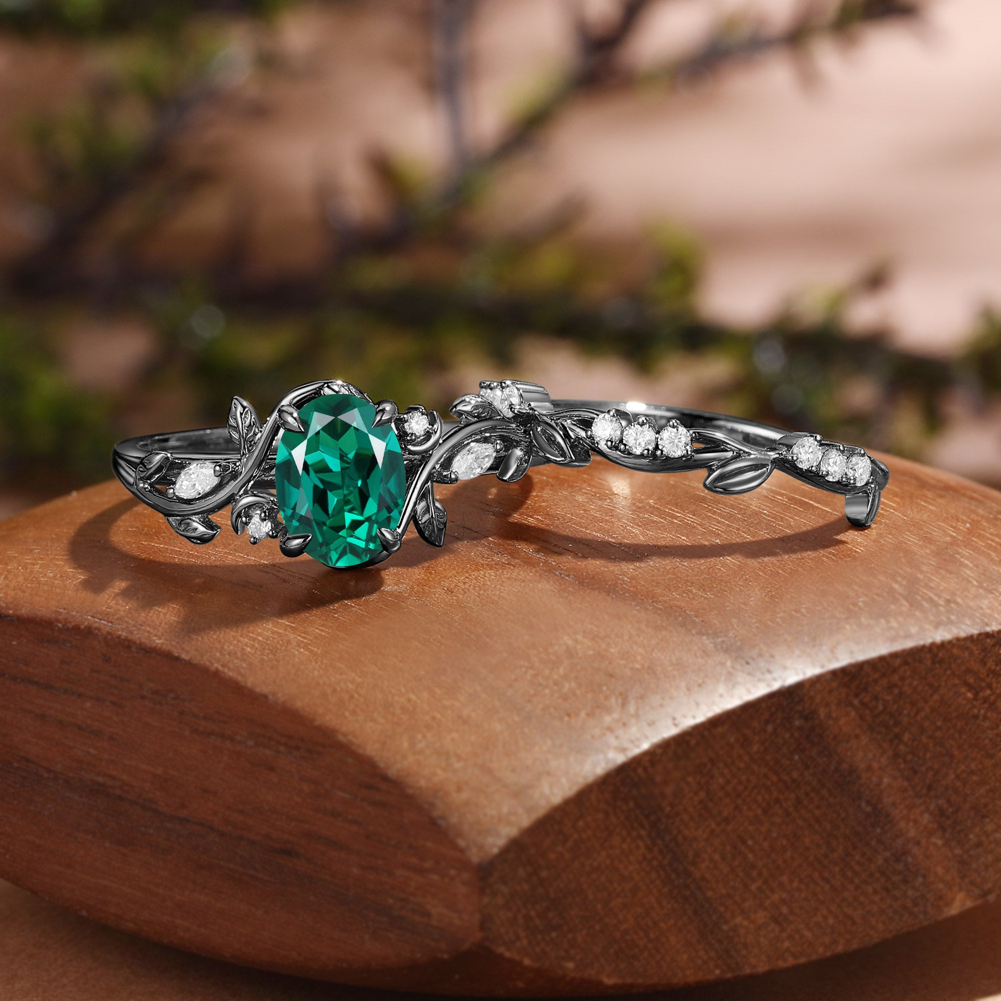 Oval Cut Lab Emerald Leafy Inspired Fairy Twist Band Bridal Set 2pcs - Désirée