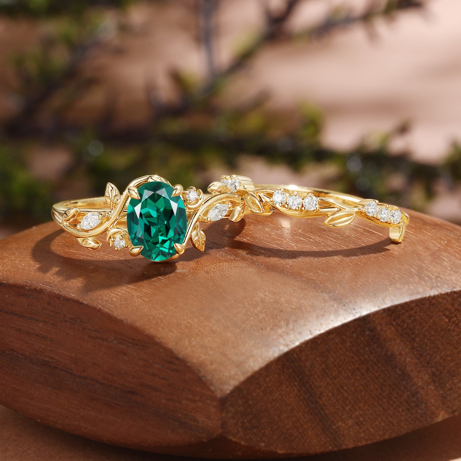 Oval Cut Lab Emerald Leafy Inspired Fairy Twist Band Bridal Set 2pcs - Désirée