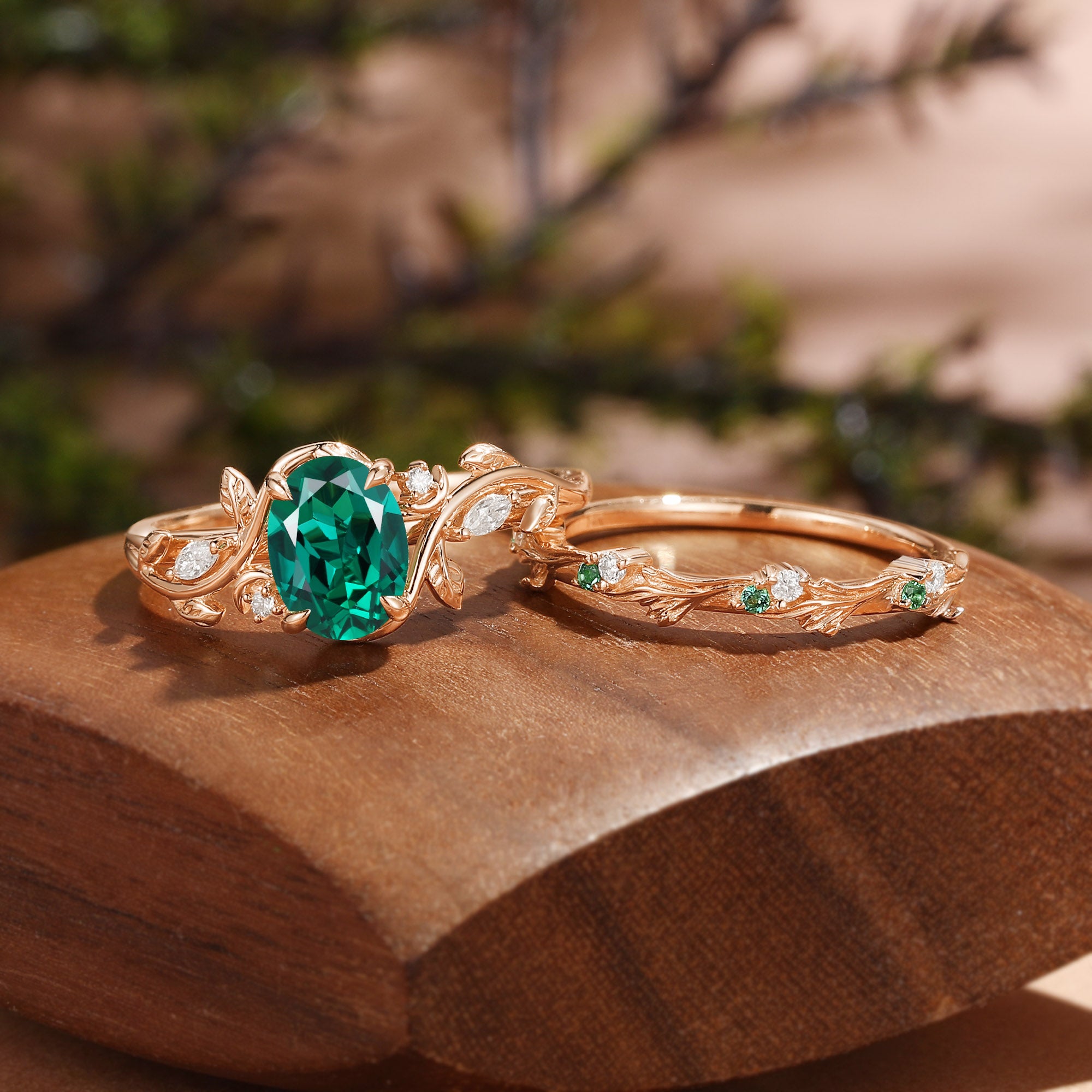 Oval Cut Lab Emerald Leafy Inspired Branch Band Bridal Set 2pcs - Désirée