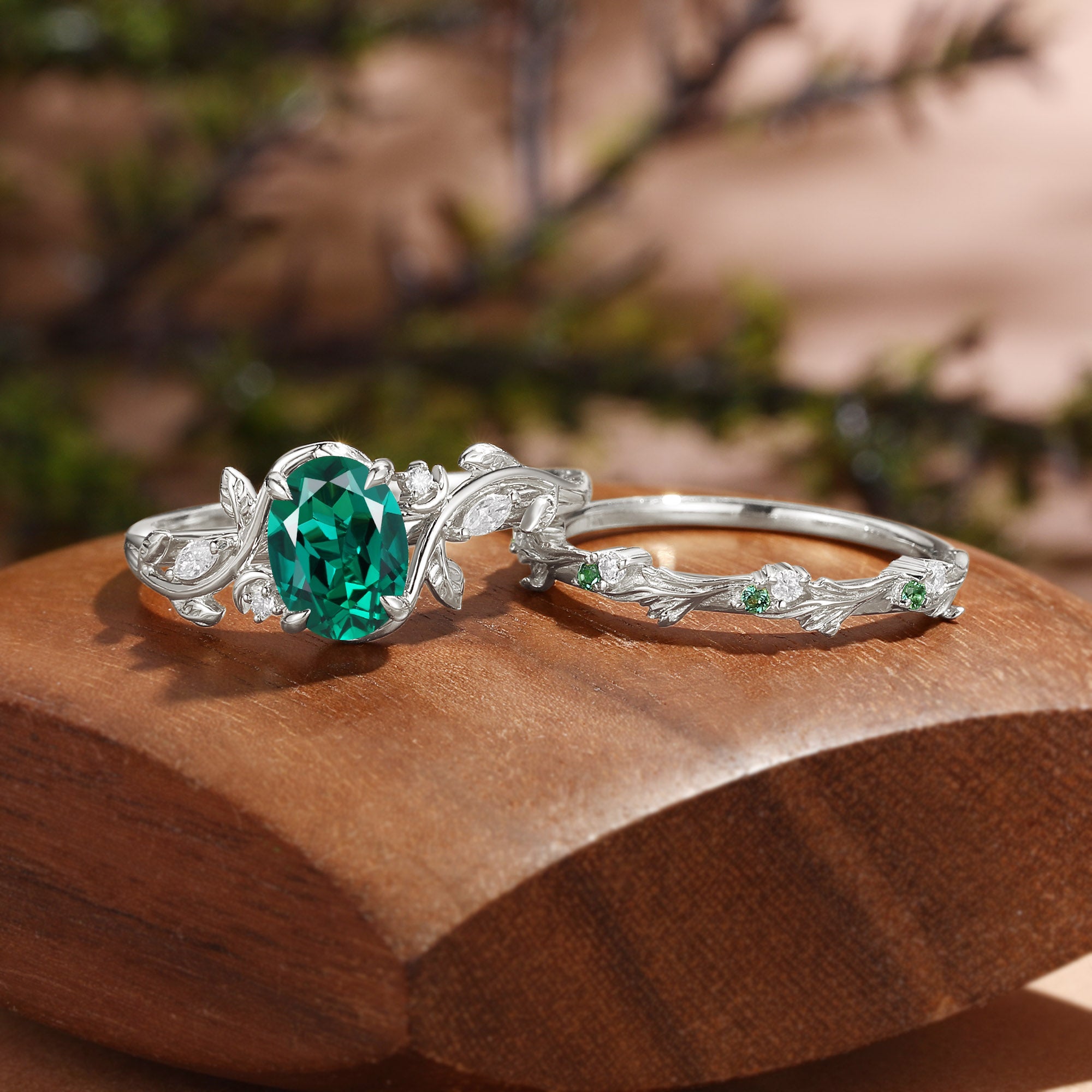 Oval Cut Lab Emerald Leafy Inspired Branch Band Bridal Set 2pcs - Désirée