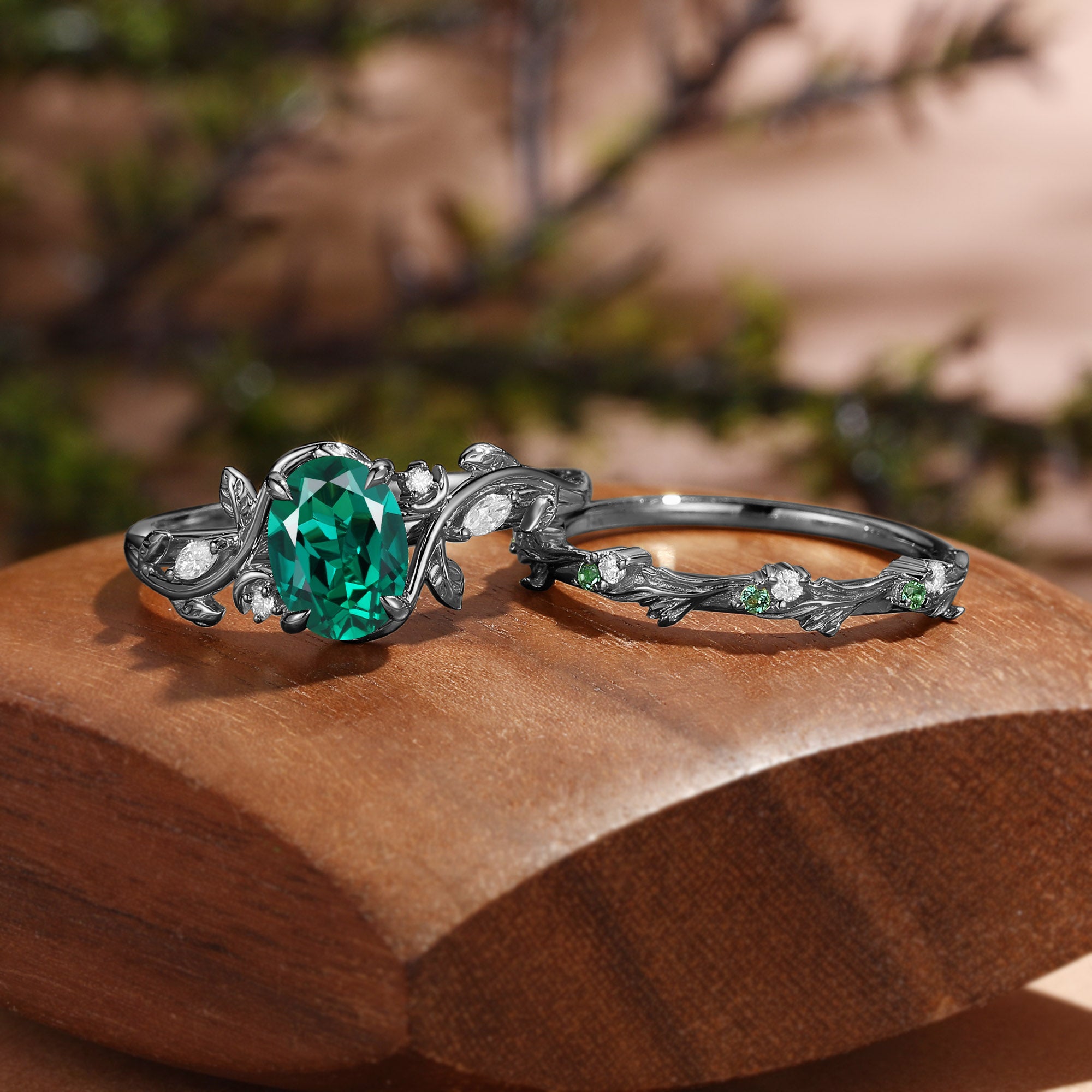 Oval Cut Lab Emerald Leafy Inspired Branch Band Bridal Set 2pcs - Désirée