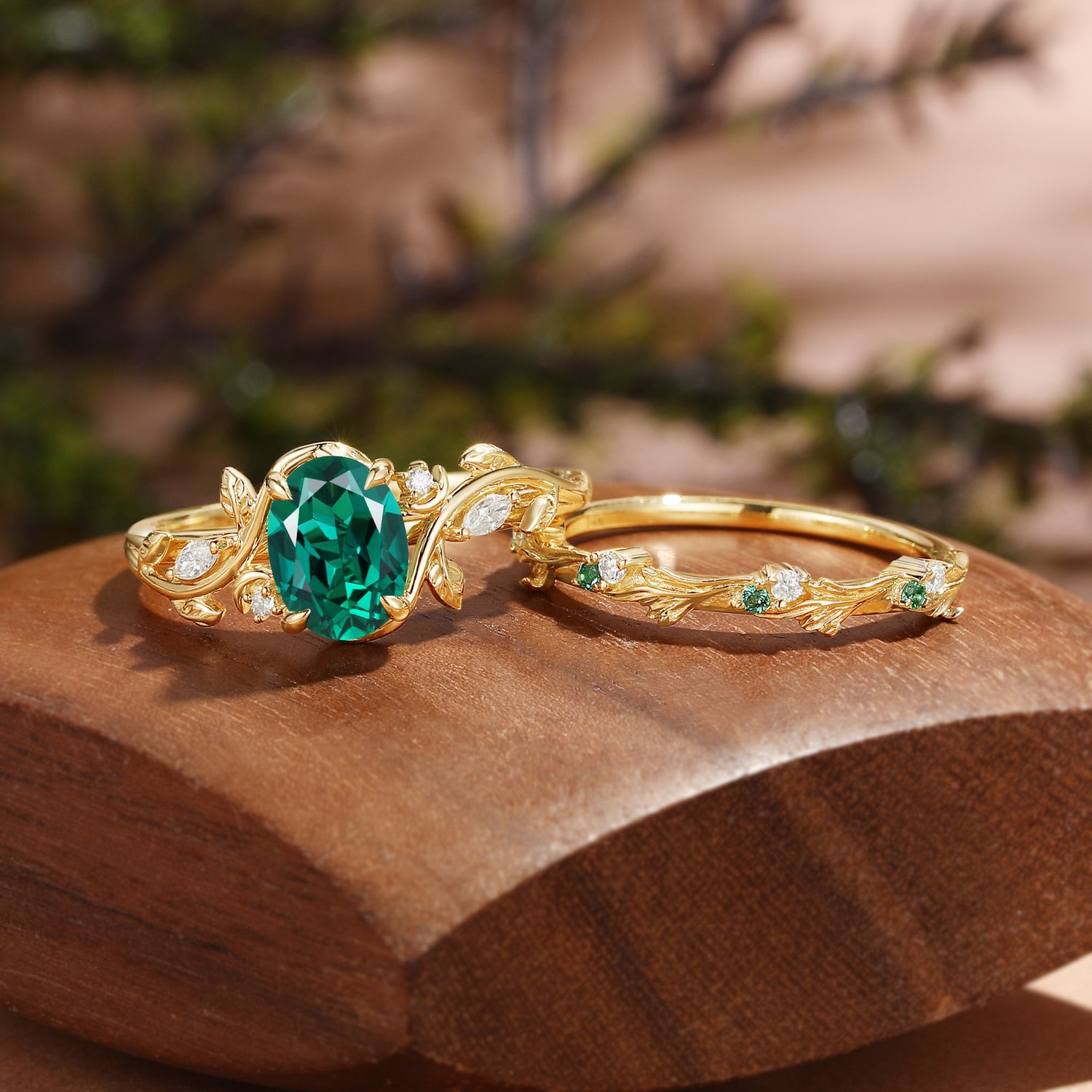 Oval Cut Lab Emerald Leafy Inspired Branch Band Bridal Set 2pcs - Désirée
