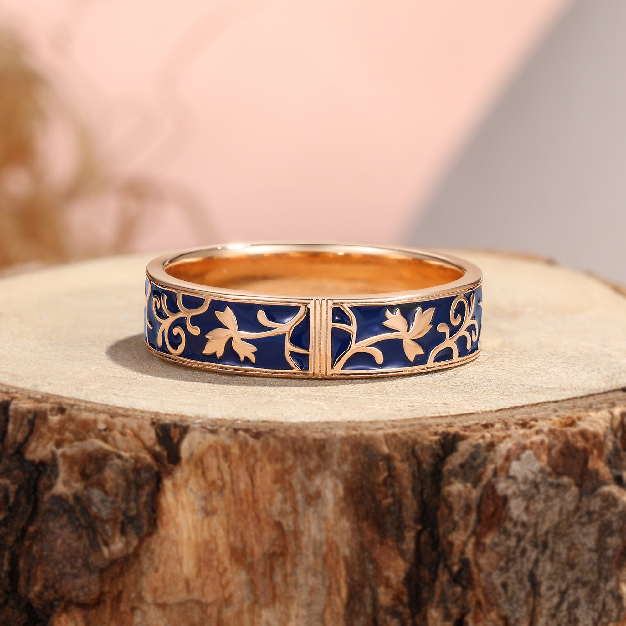Navy Blue Enamel Floral Vine Gold Art Nouveau Inspired Men Band - Aldric