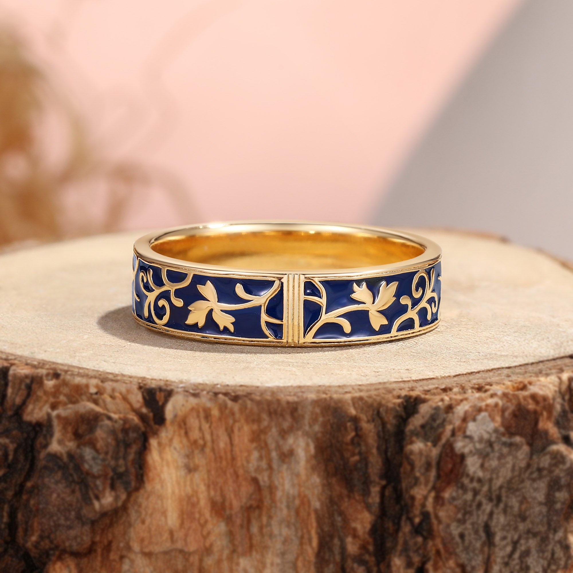 Navy Blue Enamel Floral Vine Gold Art Nouveau Inspired Men Band - Aldric