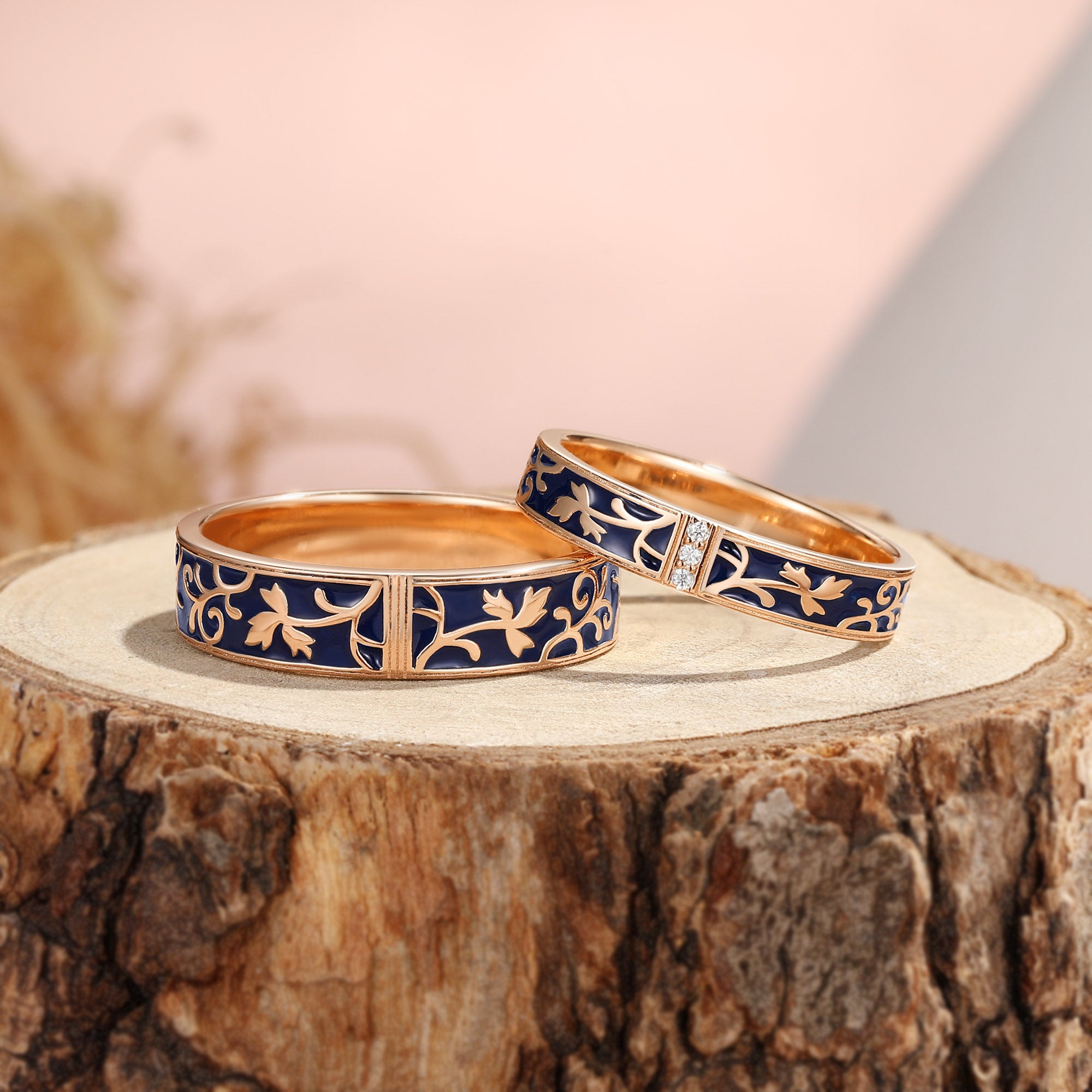 Deep Blue Enamel Floral Vine Couple Ring Set - Elara