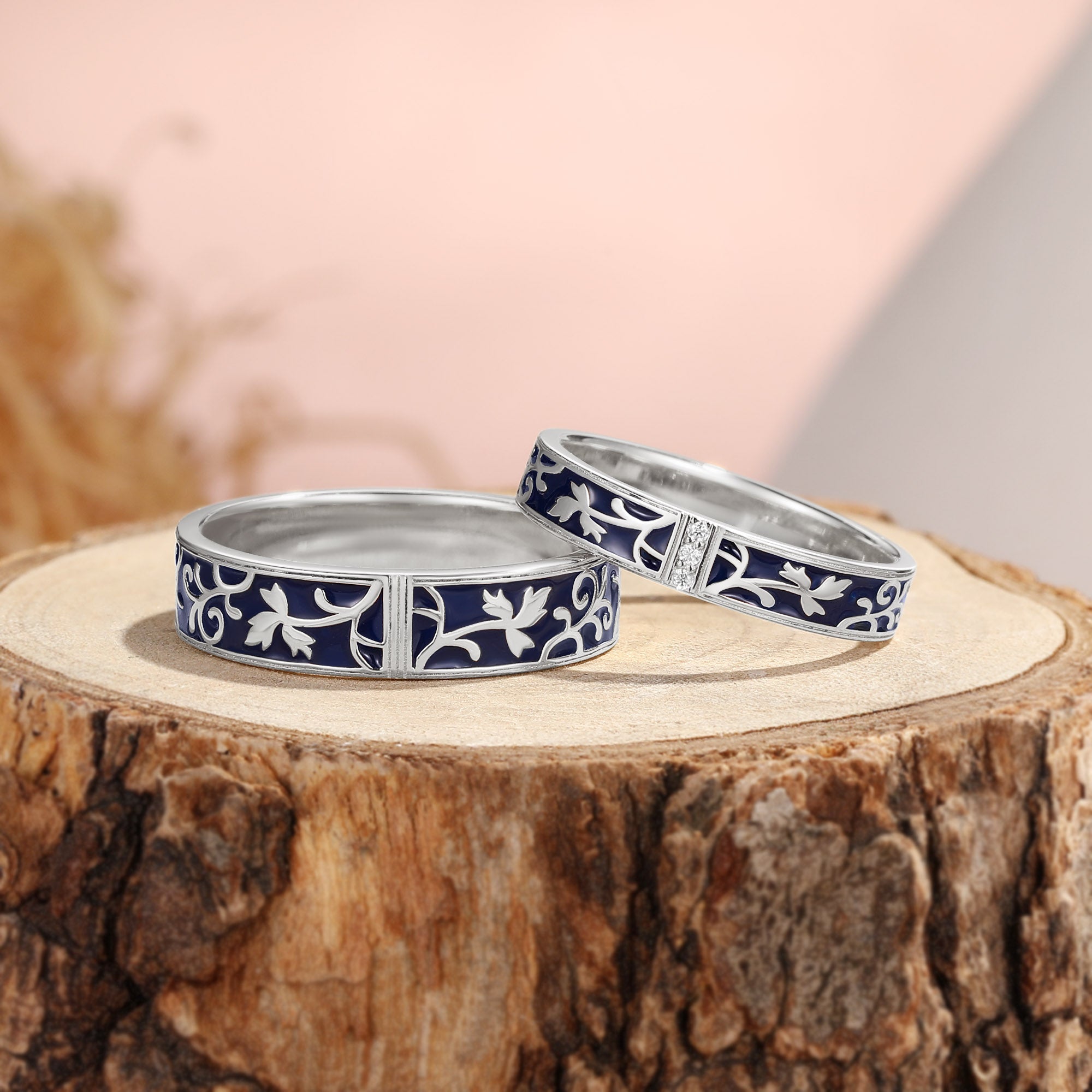 Deep Blue Enamel Floral Vine Couple Ring Set - Elara