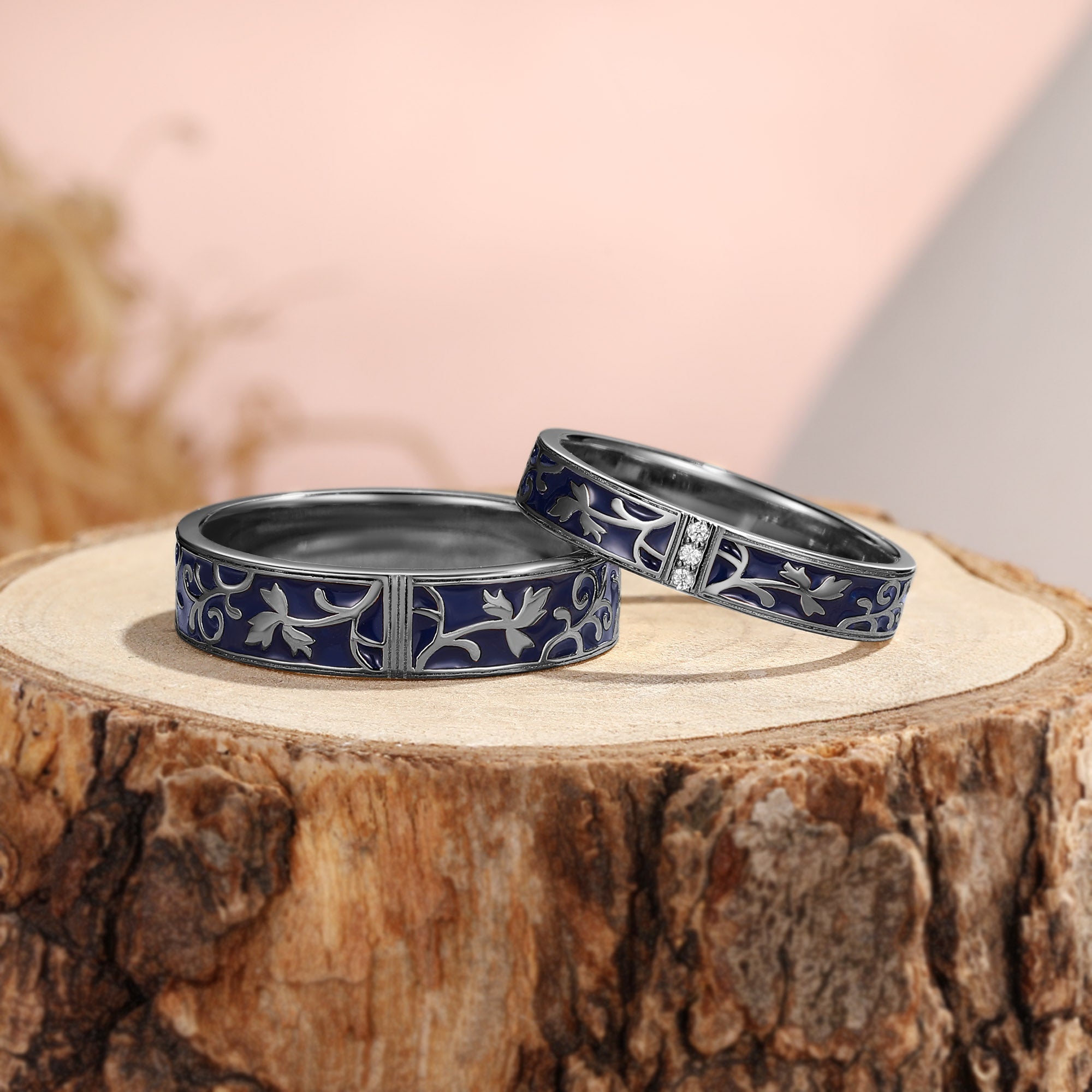 Deep Blue Enamel Floral Vine Couple Ring Set - Elara