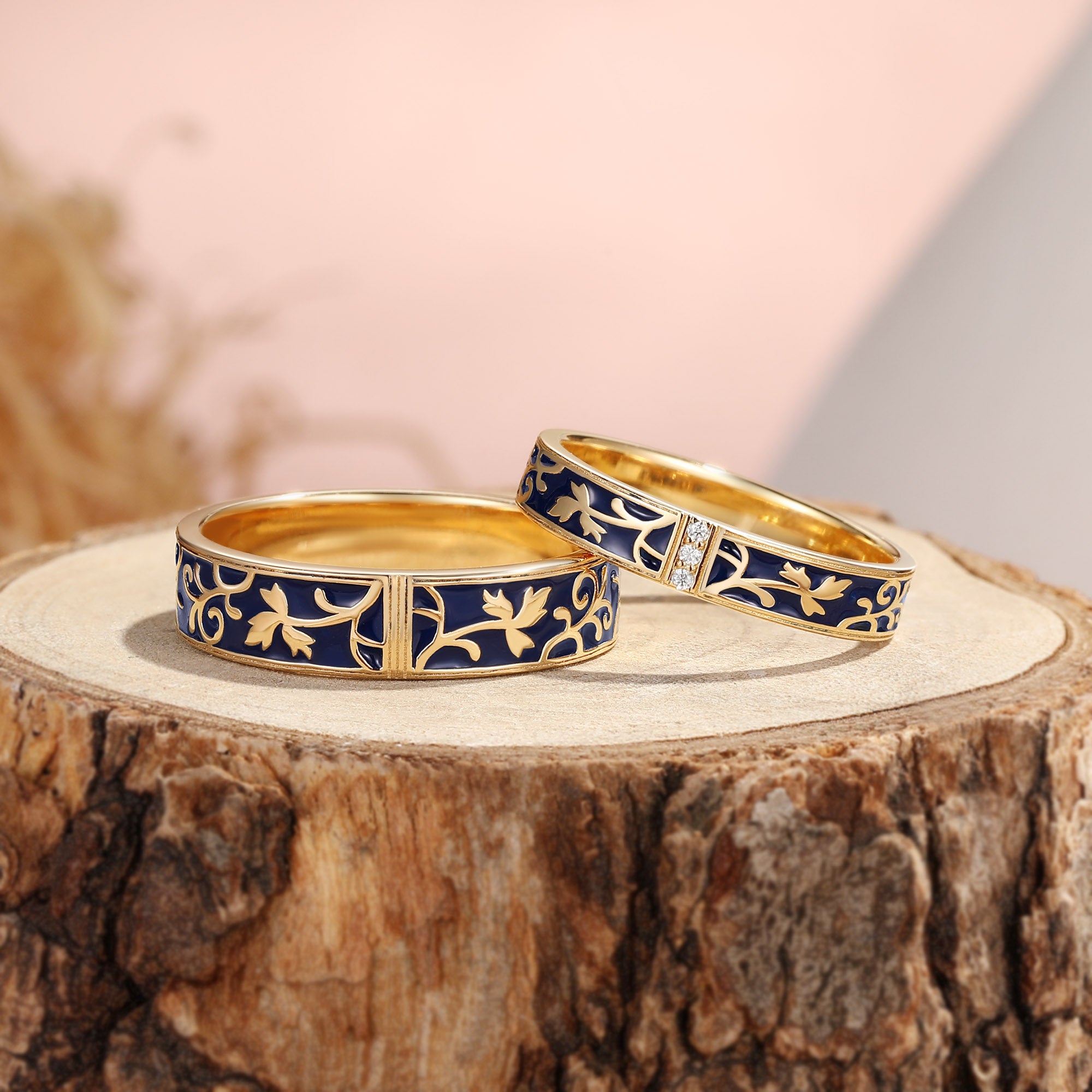 Deep Blue Enamel Floral Vine Couple Ring Set - Elara