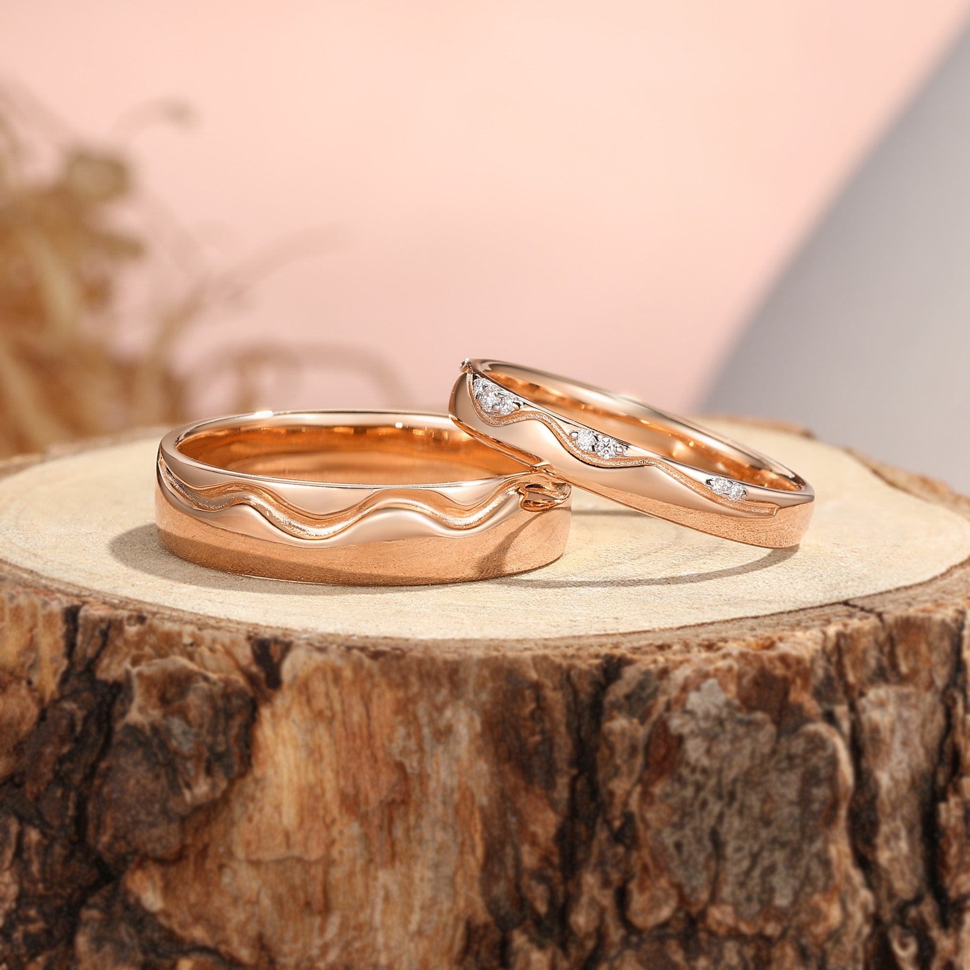 Ocean Flowing Wave Moissanite Accent Minimalist Couple Wedding Band - Serena